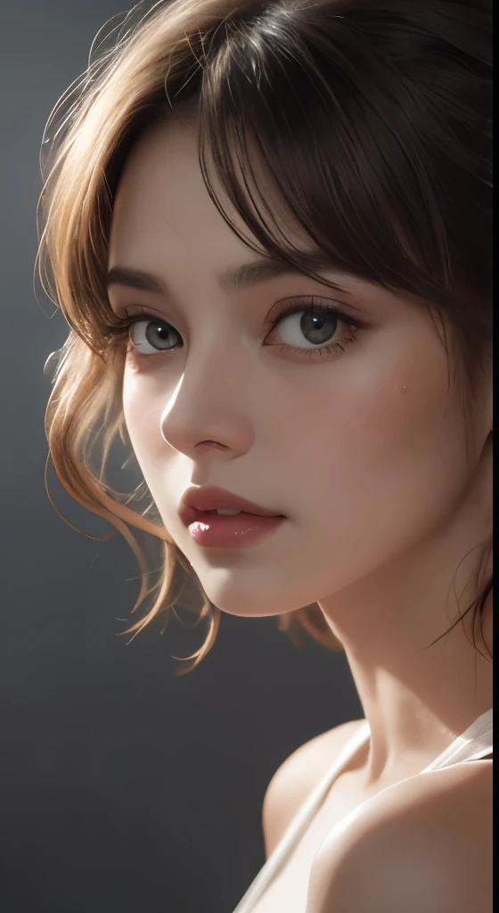 cinematic lighting、perfect、soft light、High resolution skin:1.2、realistic skin texture、30 year old mature woman、small face、no makeup、Bust B Cup、、Detailed beautiful brown eyes、wet hair、short hair、dark brown hair、cool beauty、gray background