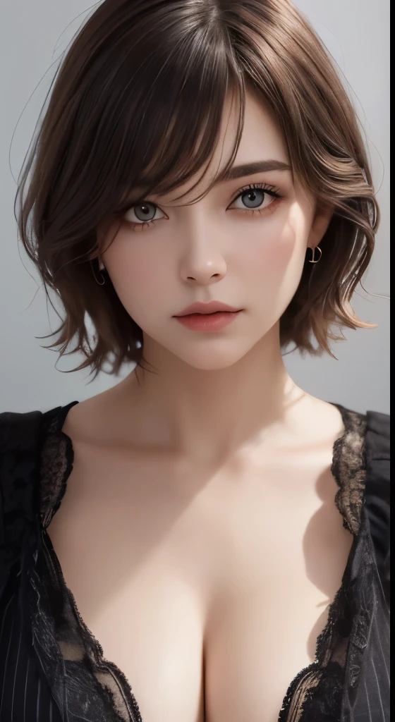 cinematic lighting、perfect、soft light、High resolution skin:1.2、realistic skin texture、30 year old mature woman、small face、no makeup、Bust B Cup、、Detailed beautiful brown eyes、short hair、dark brown hair、cool beauty、gray background