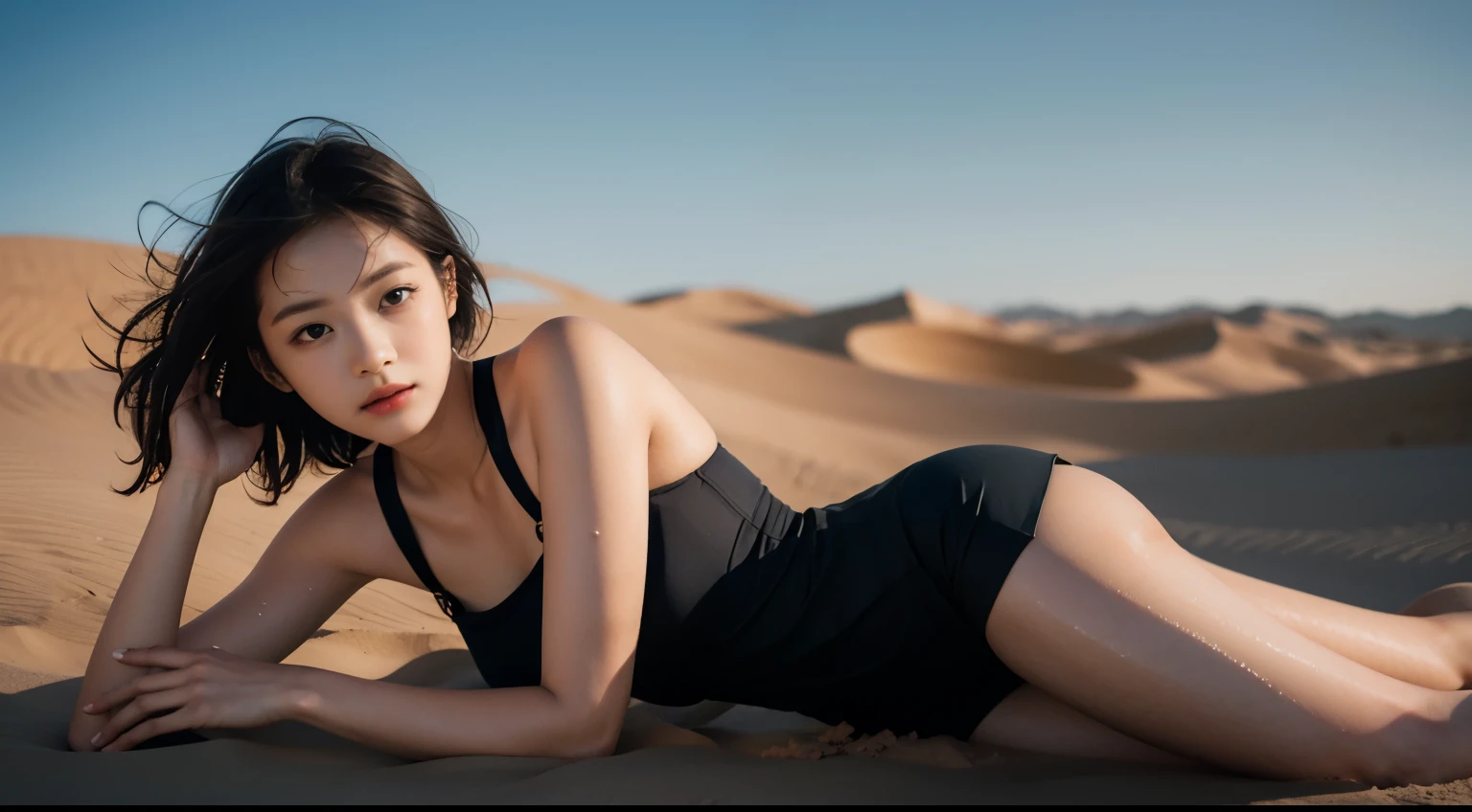 Girl lying on a dune，Creative photography，sweat leggs，（Beautiful body curves：1.2），perfect bodies，Realistic lighting，（Focus on the face），（The face is rich in detail），（HD imaging：1.3），Oily skin，Harnes，short  skirt