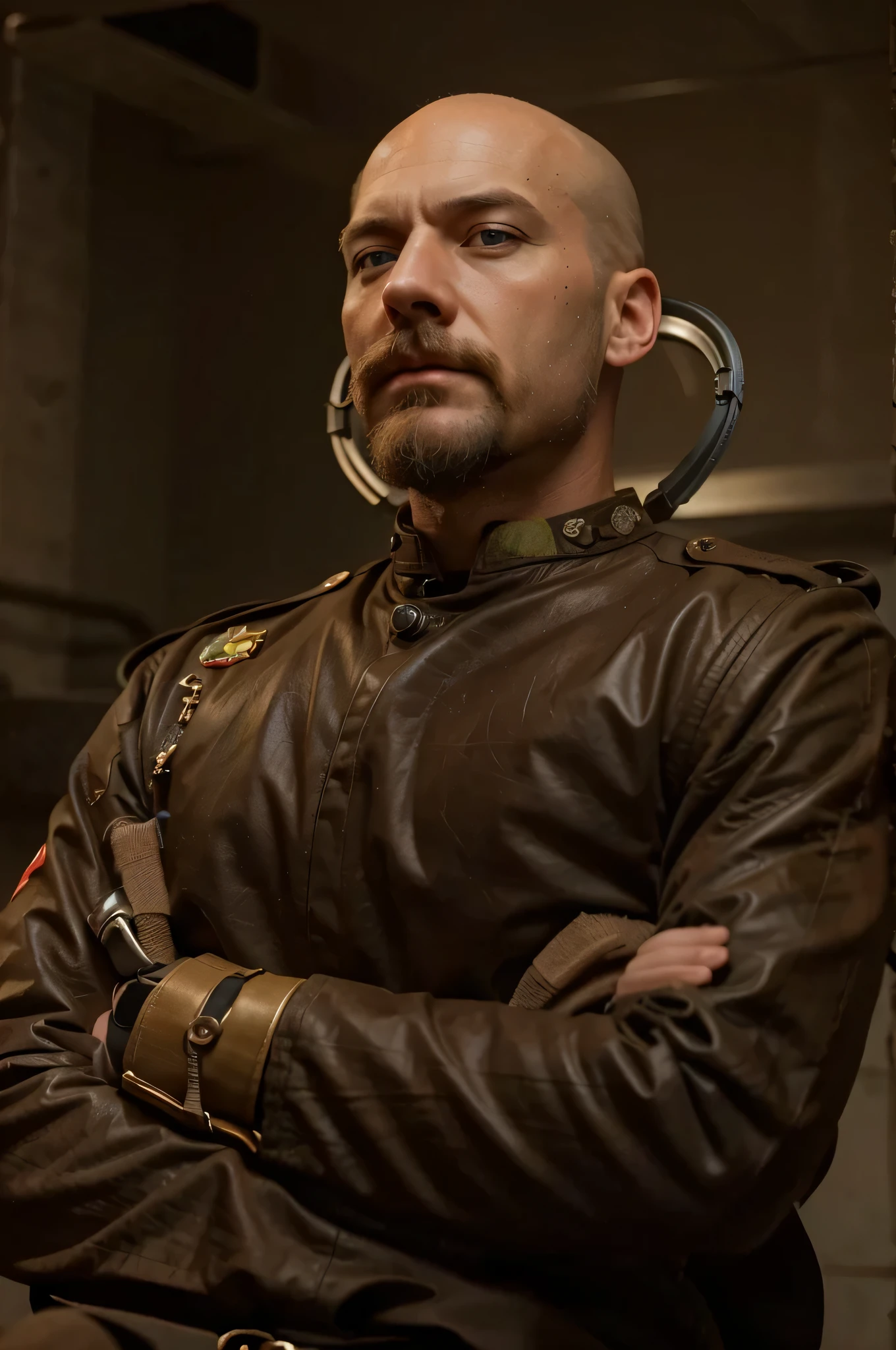 Soldado masculino, hombre maduro cara rusa, ojos azul claro, es calvo, pale skin, bigote y barba rubia, serious expression, tiene sensores de control mental en su cabeza de los cuales salen tubos de goma negros de su cabeza, in light brown fabrik color with red details soviet style military uniform, brown leather gloves, It is inside a Russian style military office, In the background you can see a Taiwan flag., 4k, ultra detallado image, Realista, muy detallado, perfect composition, gorgeous , Intrincadamente detallado, incredibly detailed, 8 k artistic photography, hiper detallado, obra maestra, ultra detallado, hyper Realista, 4k, ultra detallado image, Realista, muy detallado, perfect composition, gorgeous, Intrincadamente detallado, incredibly detailed, 8 k artistic photography, hiper detallado , obra maestra