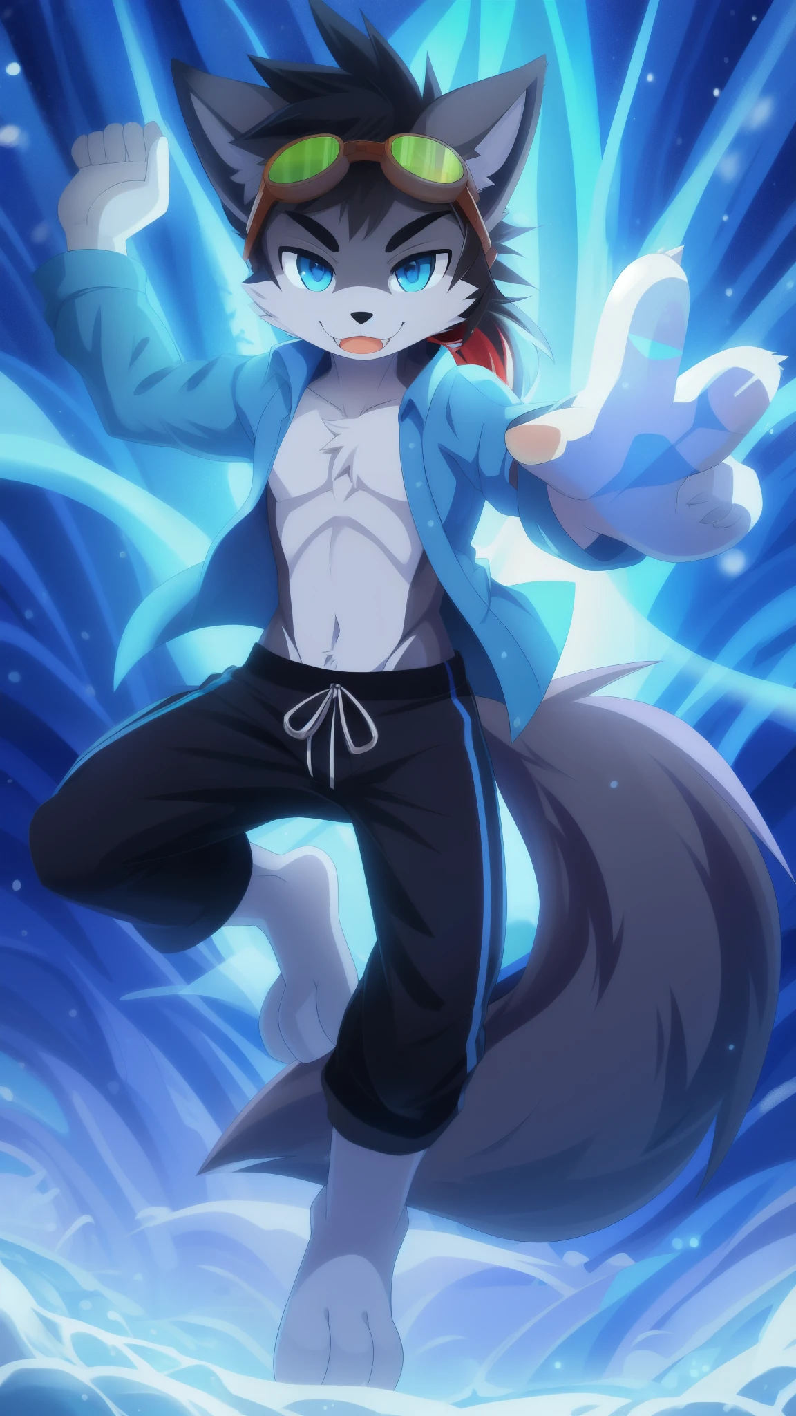 Furry shota, Young, wolf, black hair, long spiky ponytail, blue eyes, detailed body fur, (( blue hawaiian shirt, open clothes, black swim trunks, goggles)), masterpiece, looking at you, fangs, clear grey body fur, detailed face, big eyebrows, detailed eyes, detailed body, detailed body fur, detailed hands, flat body, glistering body, shiny body, skinny, sassy expresion, theety smile, snow forest, snow rain, ice Magic on palm hands, action pose, full body, feets whit three toes,