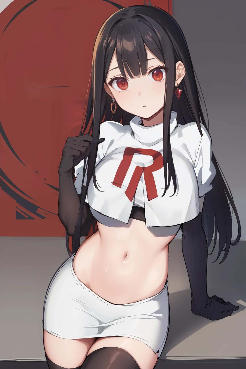 (extremely detailed CG unity 8k wallpaper),(masterpiece),(best quality),(ultra-detailed),(best illustration),(best shadow),(absurdres),1girl,solo,Chihara ,black hair, red eyes, breasts, earrings, navel, jewelry, long hair, team rocket,team rocket uniform,white skirt,red letter R,crop top,black thigh-highs,black elbow gloves