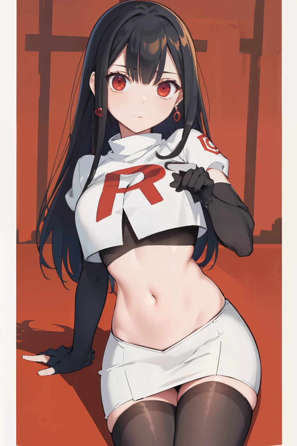 (extremely detailed CG unity 8k wallpaper),(masterpiece),(best quality),(ultra-detailed),(best illustration),(best shadow),(absurdres),1girl,solo,Chihara ,black hair, red eyes, breasts, earrings, navel, jewelry, long hair, team rocket,team rocket uniform,white skirt,red letter R,crop top,black thigh-highs,black elbow gloves