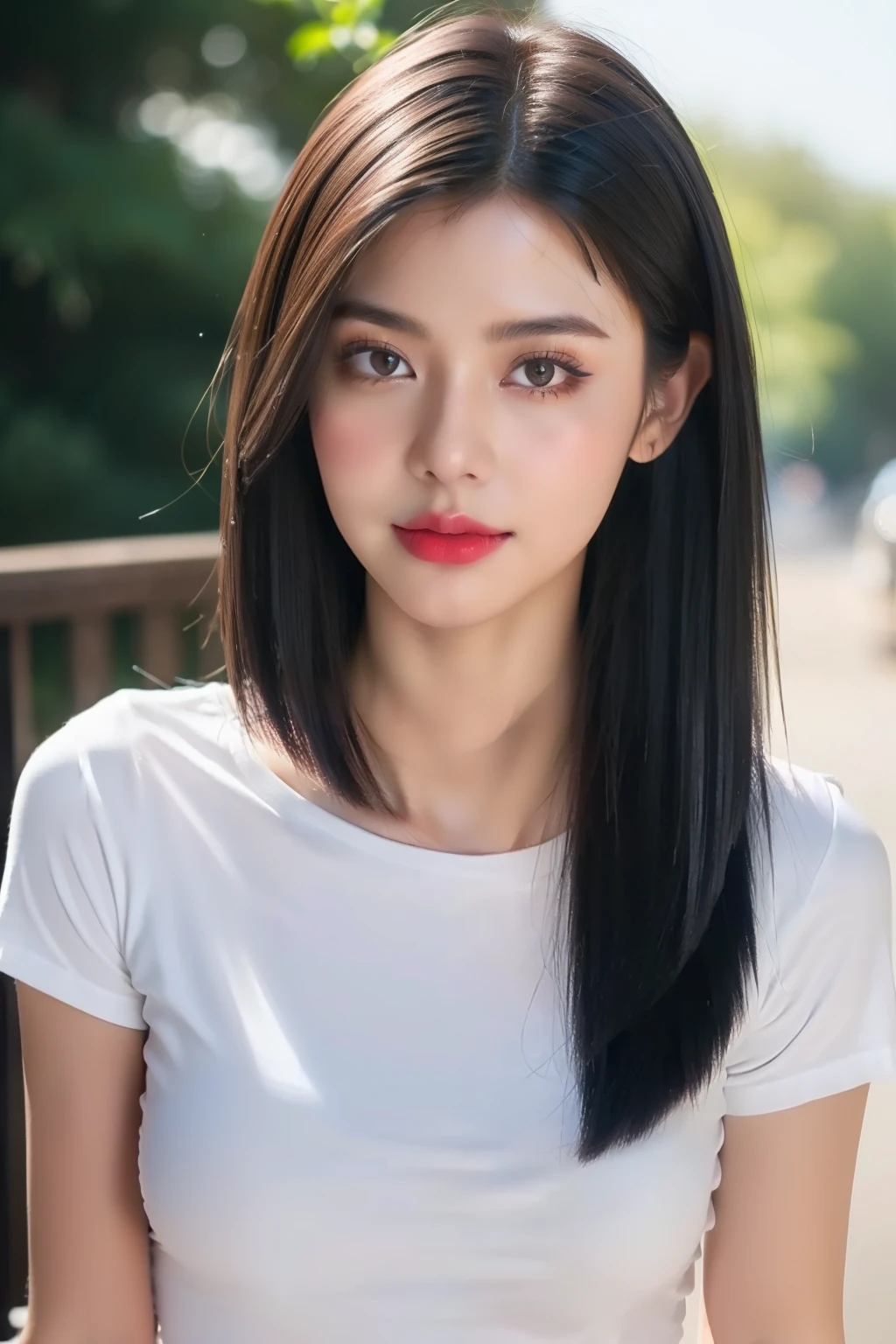 ((top quality, 8k, masterpiece: 1.3)), sharp: 1.2, perfect body shape: 1.4, slim abs: 1.2, ((layered hairstyle, split: 1.2)), (t-shirt: 1.3), outdoor: 1.2, wet: 1.1, Highly detailed facial and skin textures, delicate eyes, double eyelids, Happy face: 1.2, 18 years old, Dinner details:1.2 , natural lips, Facing Asia:1, Light:1.1, work:1, whole body, Red lips :1