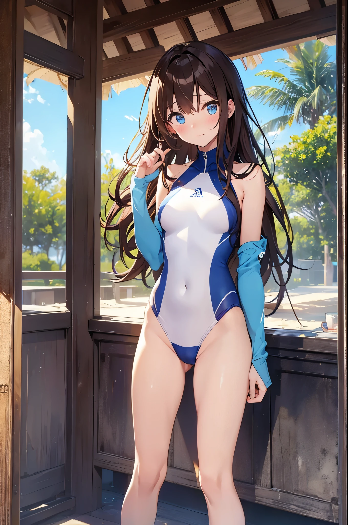 ((masterpiece、4K、8K、highest quality: 1.perfect fingers: 1.perfect anatomy: 1.3、background blur))、((Super precise expression))、((、thin、small face、super beautiful girl、brown hair、straight long hair))、((White competitive swimsuit, pink, Light blue, and blue))：1.2、barefoot、cute eyes：1.1、(Blushing and embarrassed:1.3)、（Are standing、Angle taken from behind、whole body)、Summer blue sky、Hot sunshine、white sand beach、
