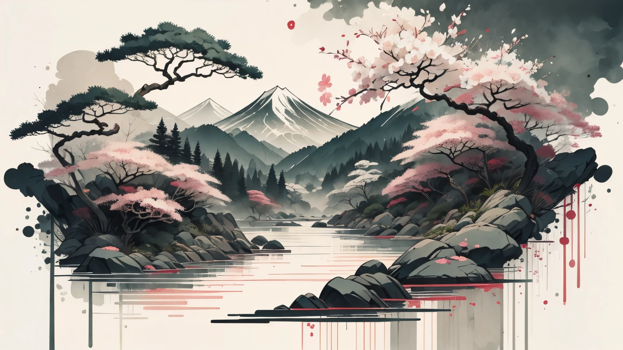 Ukiyoe style, cherry blossom, nature, ink painting, no people, river, more black and white