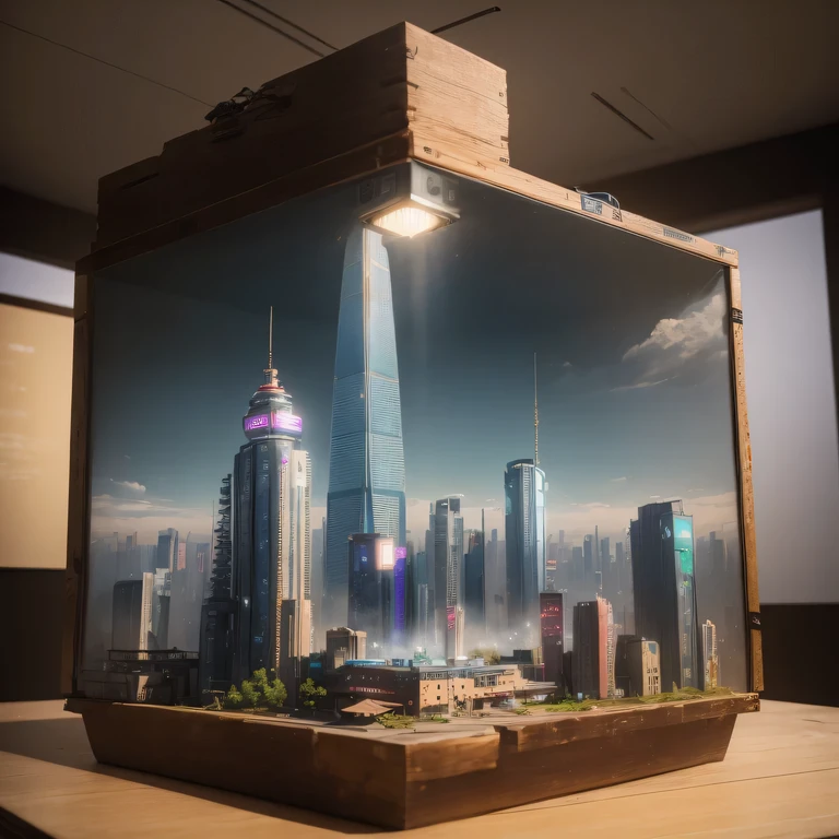 small realistic model, (bifurcation, original photo, best quality, masterpiece:1.4),SteampunkCyberpunk1916 City,(Cyberpunk light:1.3),on the table,horizon (related to land),(in a small nature box:1.3),Isometric, small nature, landscape on foundation,landscape,Distant focus((Mars Canyon Background))