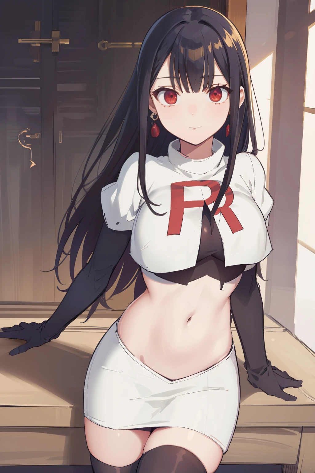 (extremely detailed CG unity 8k wallpaper),(masterpiece),(best quality),(ultra-detailed),(best illustration),(best shadow),(absurdres),1girl,solo,Chihara ,black hair, red eyes, breasts, earrings, navel, jewelry, long hair, team rocket,team rocket uniform,white skirt,red letter R,crop top,black thigh-highs,black elbow gloves