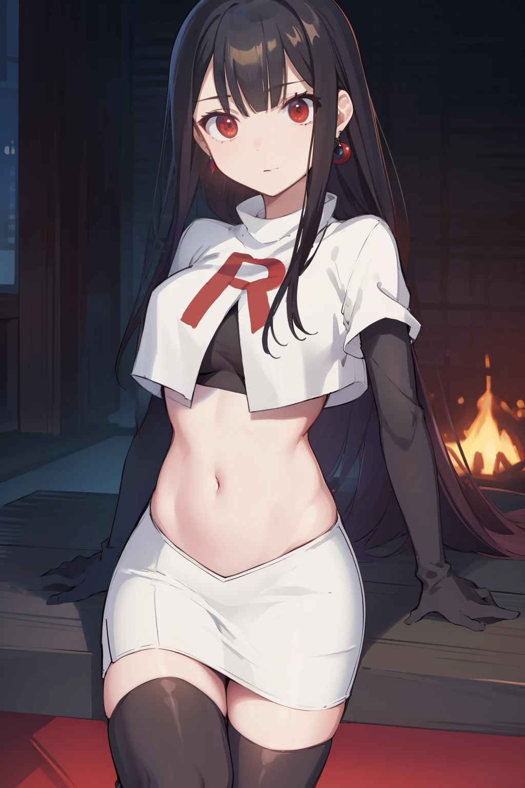 (extremely detailed CG unity 8k wallpaper),(masterpiece),(best quality),(ultra-detailed),(best illustration),(best shadow),(absurdres),1girl,solo,Chihara ,black hair, red eyes, breasts, earrings, navel, jewelry, long hair, team rocket,team rocket uniform,white skirt,red letter R,crop top,black thigh-highs,black elbow gloves