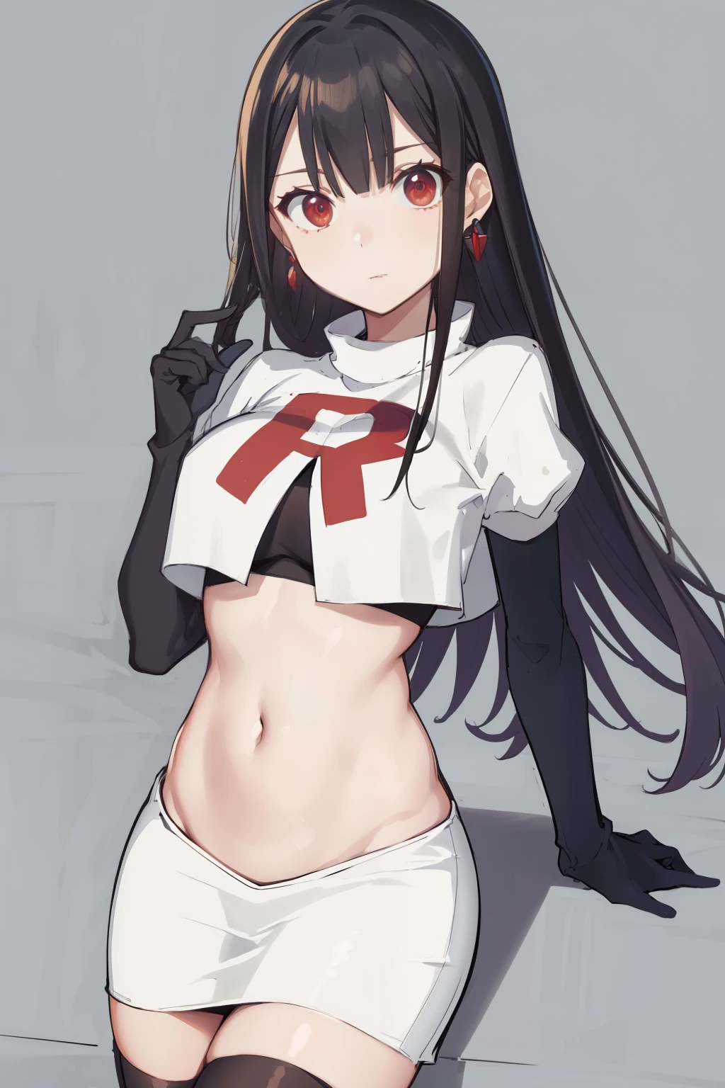 (extremely detailed CG unity 8k wallpaper),(masterpiece),(best quality),(ultra-detailed),(best illustration),(best shadow),(absurdres),1girl,solo,Chihara ,black hair, red eyes, breasts, earrings, navel, jewelry, long hair, team rocket,team rocket uniform,white skirt,red letter R,crop top,black thigh-highs,black elbow gloves