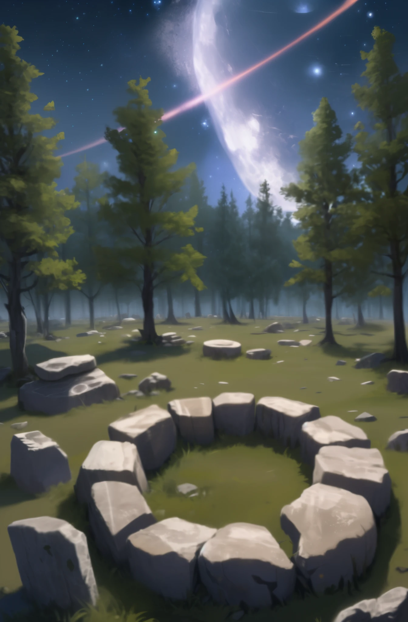 stone circle under moon light, remains rotten eroded in a thick forest, forgotten quiet place, starry sky, (high definition photo), concept art