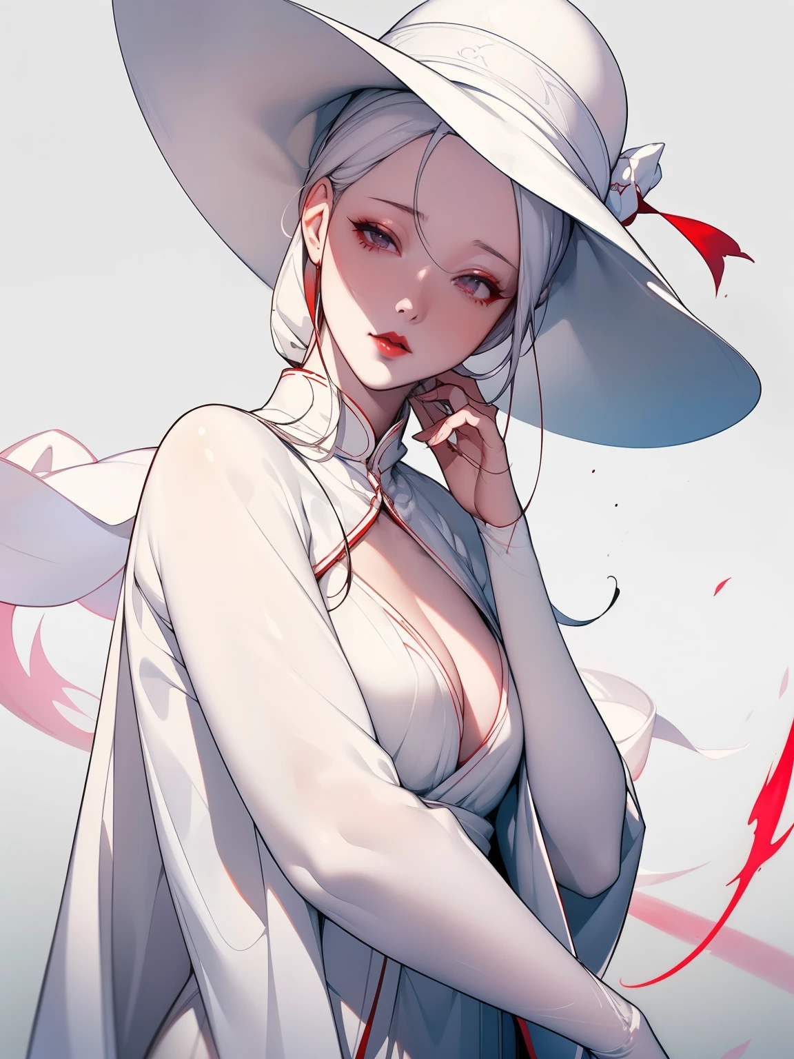 Arabian woman wearing a white hat and dress and red lipstick, pale White skin like porcelain, Gweitz, Gweitz masterpiece, artwork in the style of Gweitz, Soft Portrait Shot 8k, Pale young ghost girl, White skin like porcelain, By Russell Dongjun Lu, Pale milky porcelain skin, Elegant woman with white skin