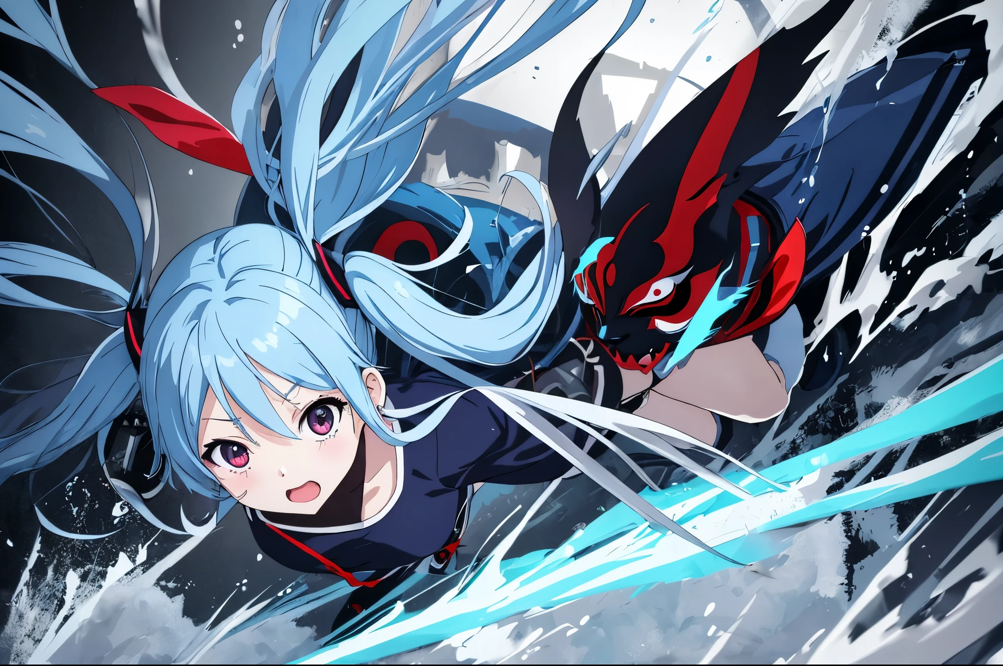 Light blue long hair、A girl with twin tails is running with a box、The demon mask is floating in the air、black eyes、chasing the blue demon、splash art anime , anime style 4k, anime moe art style