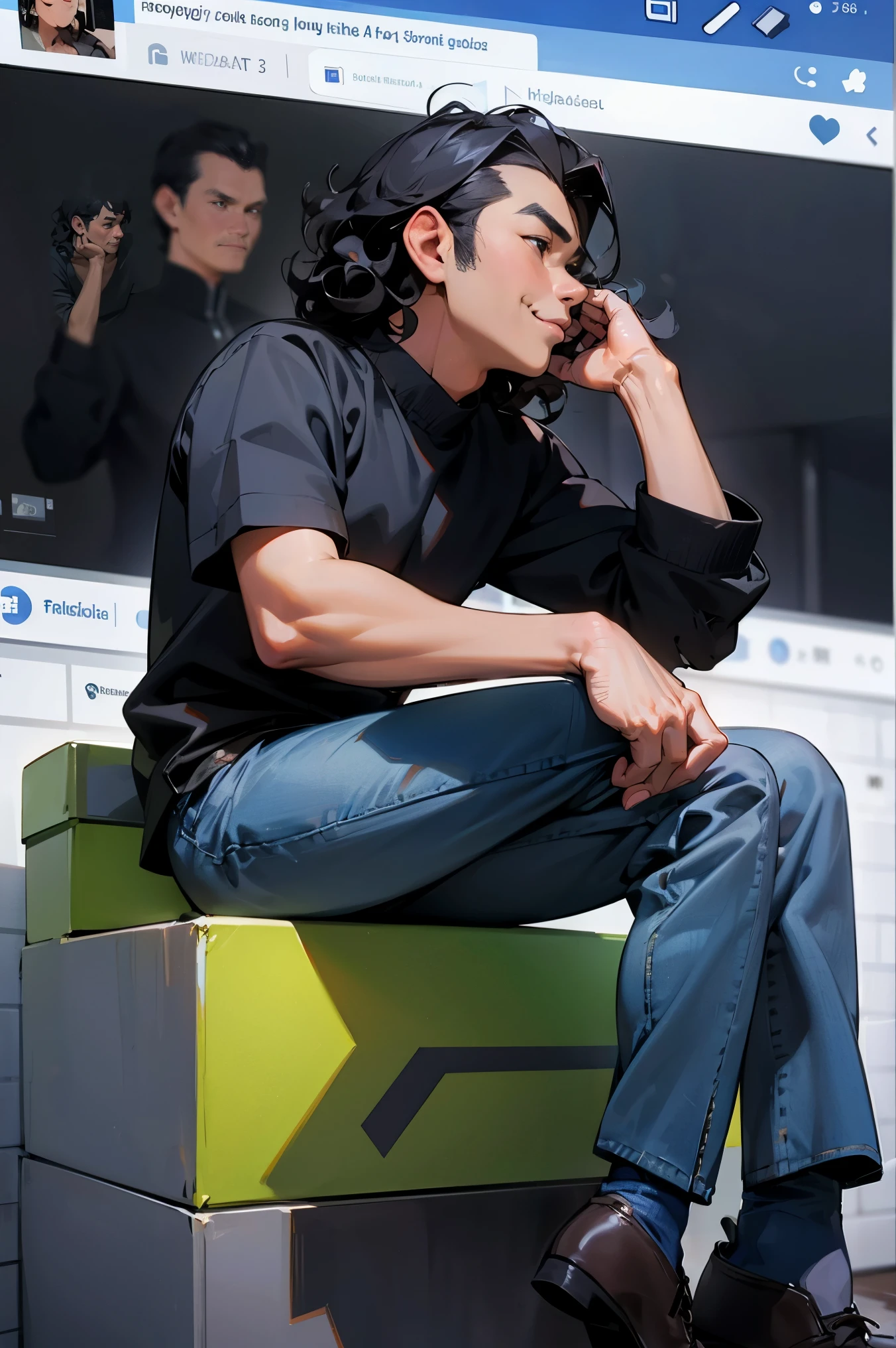 An Indonesian man aged (35), sitting on the square logo of the social media box "Facebook". smiling with curly hair wearing a black jacket with jeans t-shirt that says "Hidayat". superimposed on top of the social media page interface for "Facebook". The visible social media interface includes a profile picture, with the username "name" and the profile username picture. detailed, verry realistic 3d.