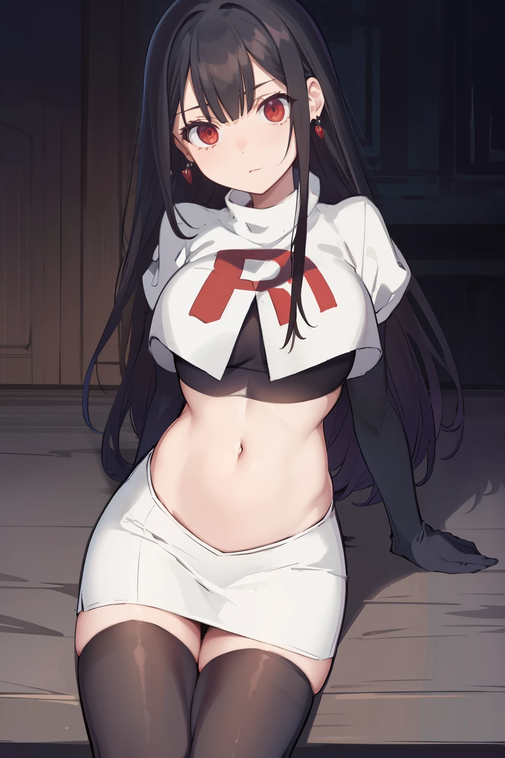 (extremely detailed CG unity 8k wallpaper),(masterpiece),(best quality),(ultra-detailed),(best illustration),(best shadow),(absurdres),1girl,solo,Chihara ,black hair, red eyes, breasts, earrings, navel, jewelry, long hair, team rocket,team rocket uniform,white skirt,red letter R,crop top,black thigh-highs,black elbow gloves