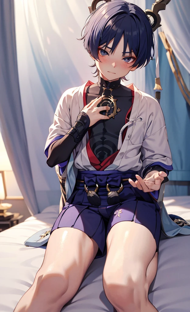 Genshin Wanderer，Wearing cute and sexy pajamas，Blushing and lying on the bed shyly，Lift up the clothes with your hands to expose the flesh between his belly，The legs are all very white in the photo，in bedroom，The bed is white，Close the curtains at night