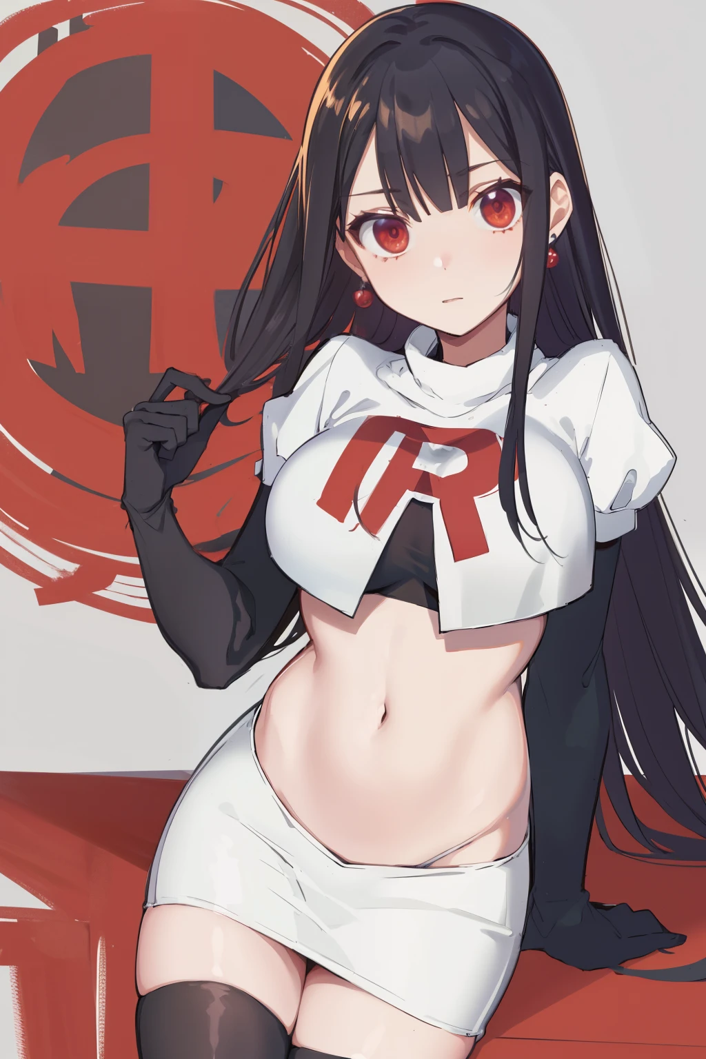 (extremely detailed CG unity 8k wallpaper),(masterpiece),(best quality),(ultra-detailed),(best illustration),(best shadow),(absurdres),1girl,solo,Chihara ,black hair, red eyes, breasts, earrings, navel, jewelry, long hair, team rocket,team rocket uniform,white skirt,red letter R,crop top,black thigh-highs,black elbow gloves