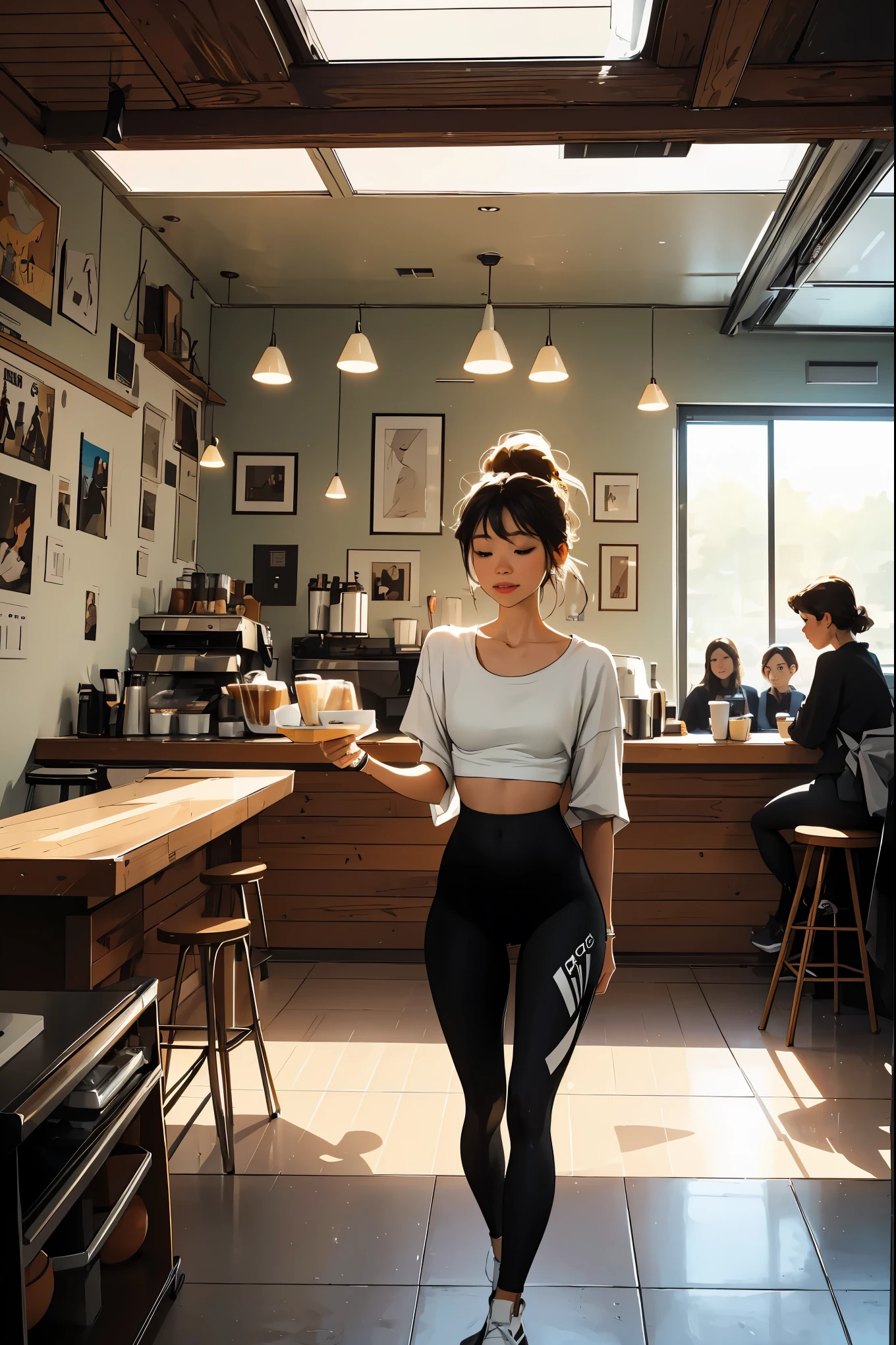 there is a woman standing at a counter in a coffee shop, small hipster coffee shop, cafe interior, mysterious coffee shop girl, at the counter, in a coffee shop, coffee shop, enjoying coffee at a coffee shop, nostalgic vibes, cafe ,Woman wearing tight black leggings and neon white bra top, Two-piece tracksuit, be good at sports ,On the right is the Adidas logo.,vivid colors, soft focus, Light leakage, dreamy atmosphere, experimental charm, Retro charm break color field painting, A variety of colors, abstract expressionism, bold hues, emotional impact, atmospheric depth, Minimalist approach BREAK, Beautiful woman, UHD (ultra detail) viewers who see it.., another, fancy, long, 갈색으로 염색한 머리를 뒤로 하나로 묶은 long 머리 🌈, leggings clothing, White stardust in dark areas, absurd, high resolution, very detailed, (1 woman : ), vivid colors, soft focus, Light leakage, dreamy atmosphere, information