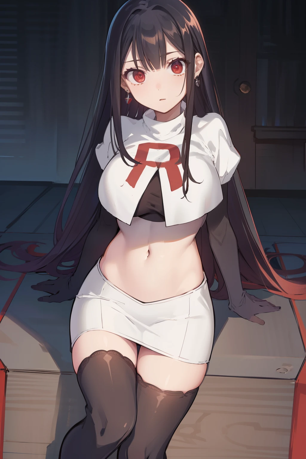 (extremely detailed CG unity 8k wallpaper),(masterpiece),(best quality),(ultra-detailed),(best illustration),(best shadow),(absurdres),1girl,solo,Chihara ,black hair, red eyes, breasts, earrings, navel, jewelry, long hair, team rocket,team rocket uniform,white skirt,red letter R,crop top,black thigh-highs,black elbow gloves