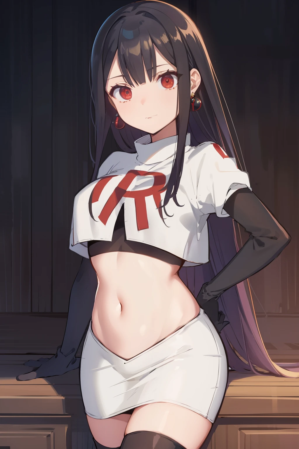 (extremely detailed CG unity 8k wallpaper),(masterpiece),(best quality),(ultra-detailed),(best illustration),(best shadow),(absurdres),1girl,solo,Chihara ,black hair, red eyes, breasts, earrings, navel, jewelry, long hair, team rocket,team rocket uniform,white skirt,red letter R,crop top,black thigh-highs,black elbow gloves