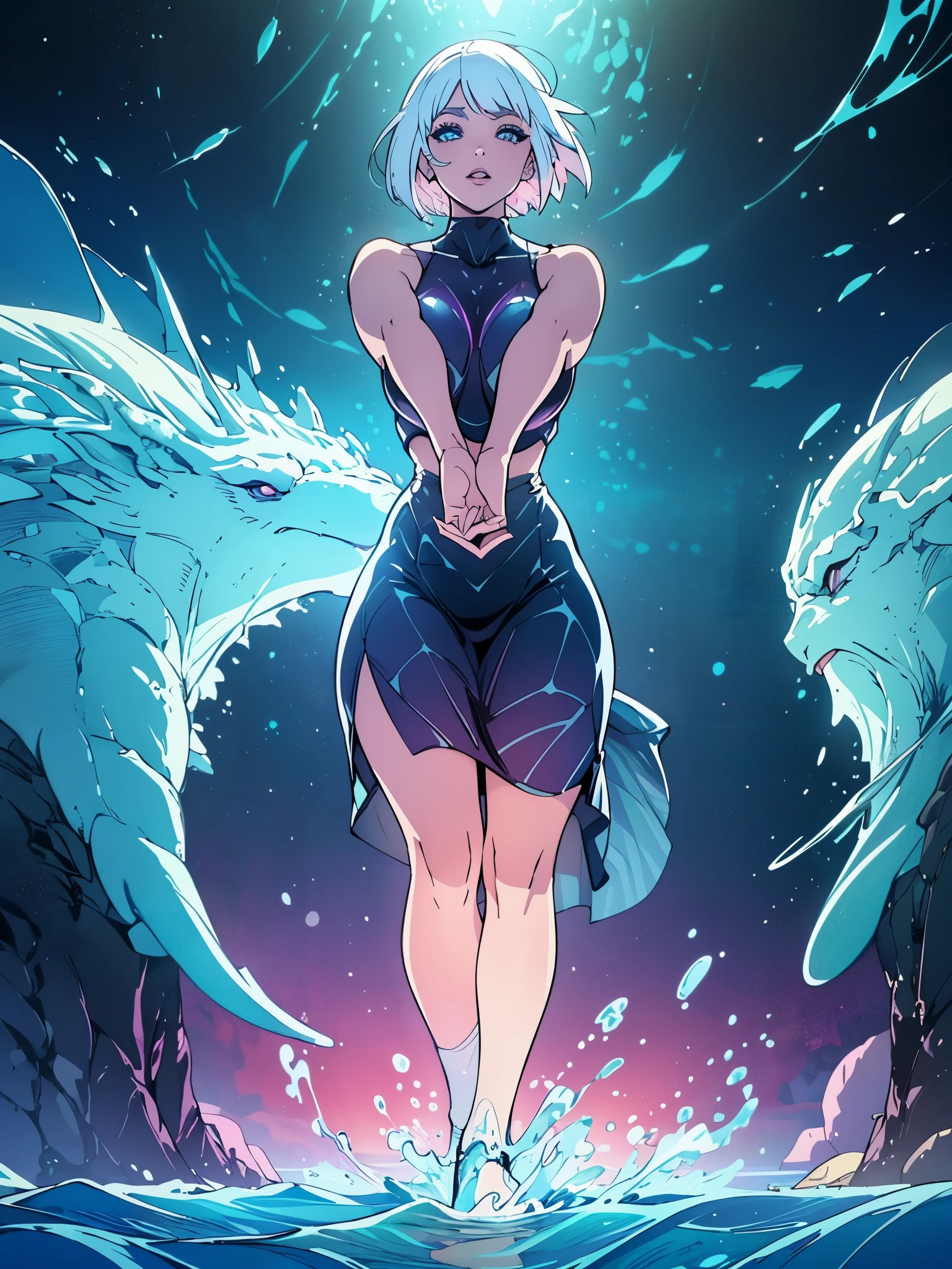 An extremely attractive woman, perfect big eyes, thick lips, white hair, short bob hair, long sideburns, low-cut small breasts, thick fit body, thick ass, full body, (((walking on the pure waters of a mythical ocean)) ), very blue, {extremely detailed 16k CG unit wallpaper}, expansive landscape photography, (a low view with focus on character and setting), (wide open field view), (low angle shot ), (high light: 1.3), (low light: 1.5), (warm light source: 1.3), complex details, (iridescent colors: 1.5), (bright lighting), (atmospheric lighting), dreamy, unique,