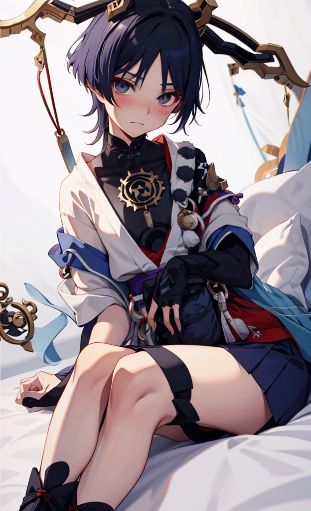 Genshin Wanderer，sitting on a white bed，Wearing cute animal pajamas，Holding an animal doll，blush shy，legs together