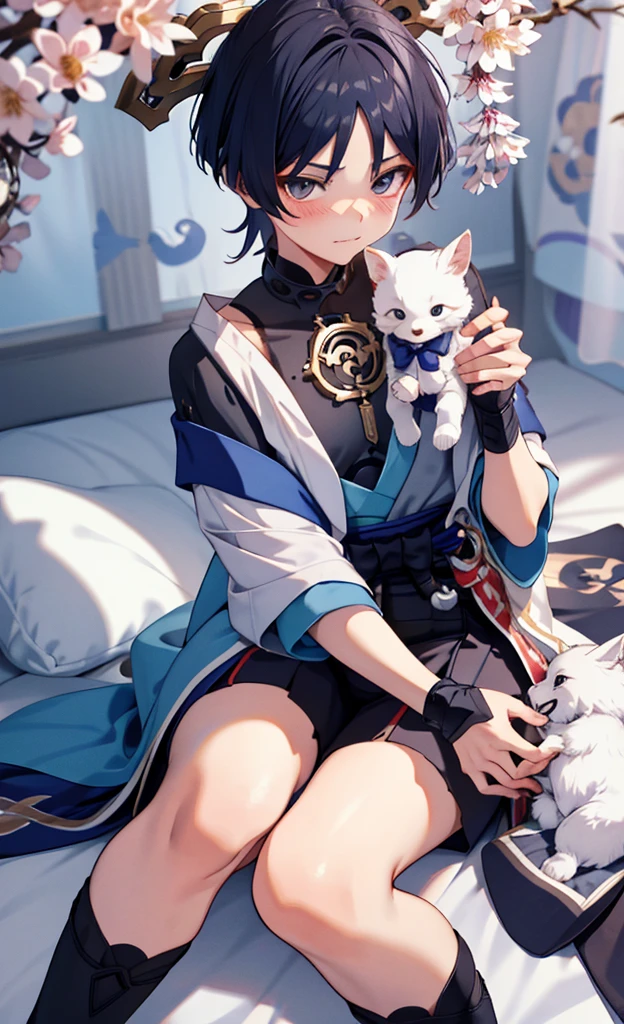 Genshin Wanderer,sitting on a white bed,Wearing cute animal pajamas,Holding an animal doll,blush shy,legs together