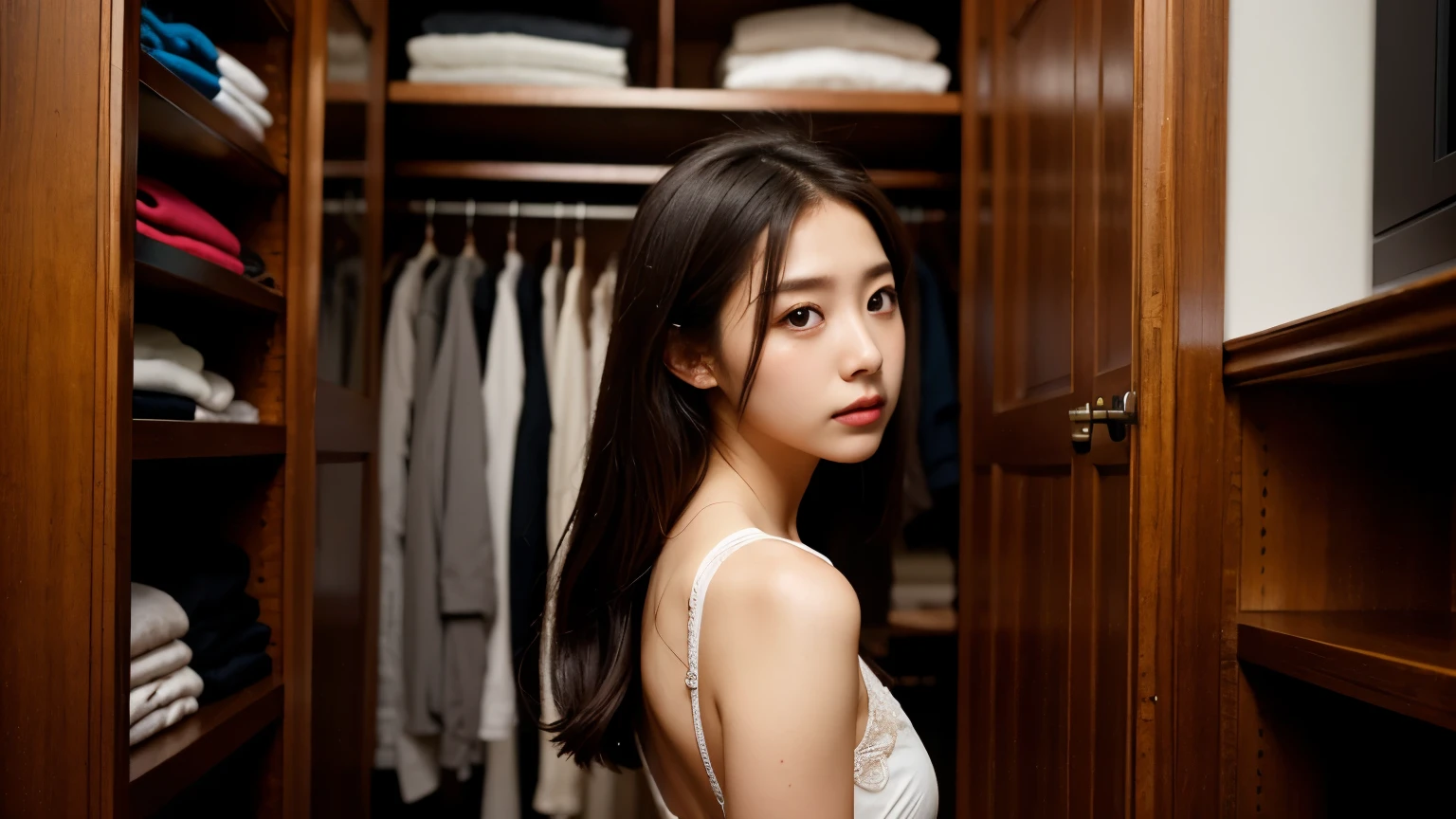 A being hiding something in a closet, back, Looking back, a worried expression, One person, female, Surreal images, Dress modestly, Korean look