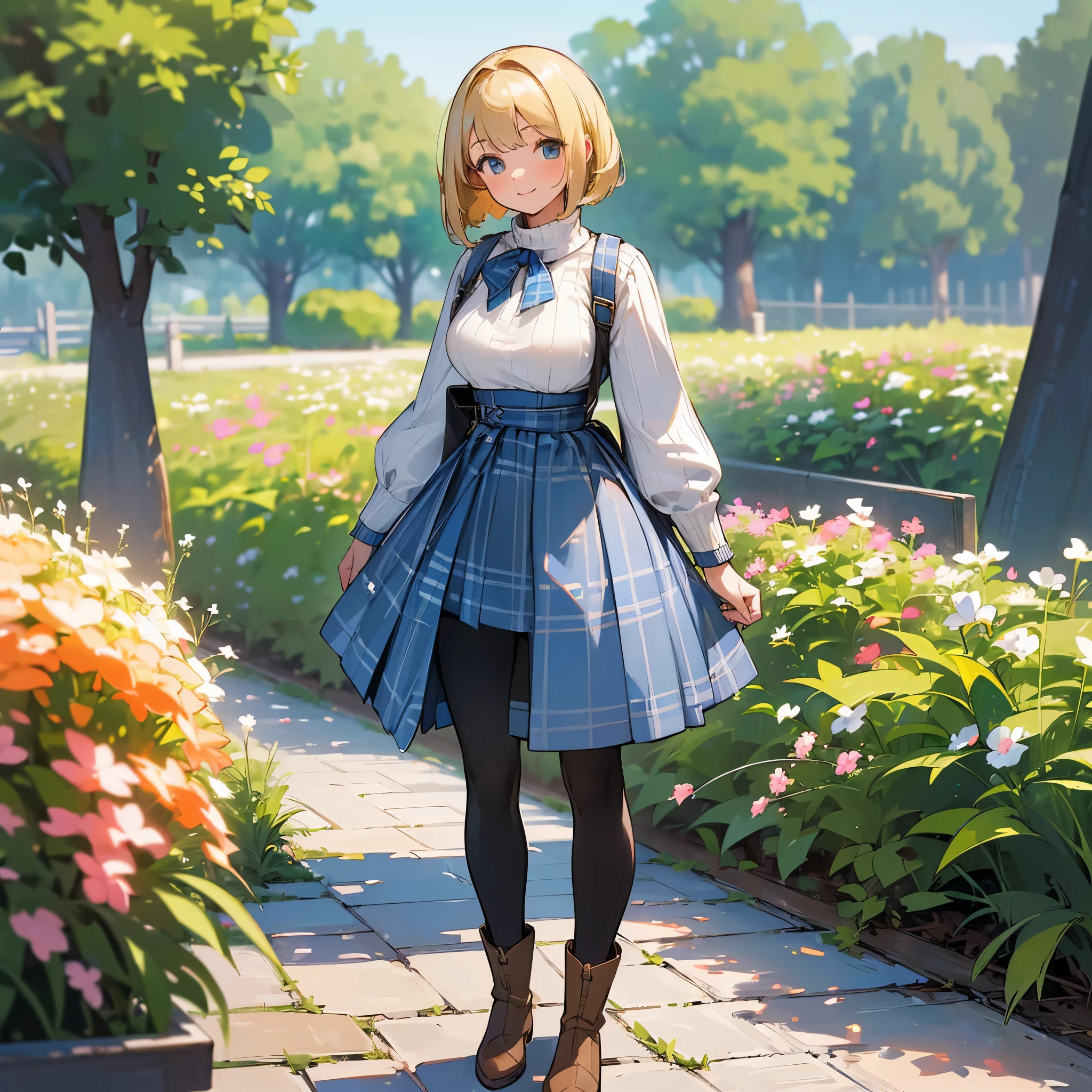 (high quality, high resolution, Super detailed, Reality:1.37), peaceful atmosphere, (outdoor, garden), Teenage girl standing alone, (My breasts are big.), Beautiful detailed features, cute smile, (blonde bob hair), ribbed sweater, blue plaid skirt, Black tights, brown boots.