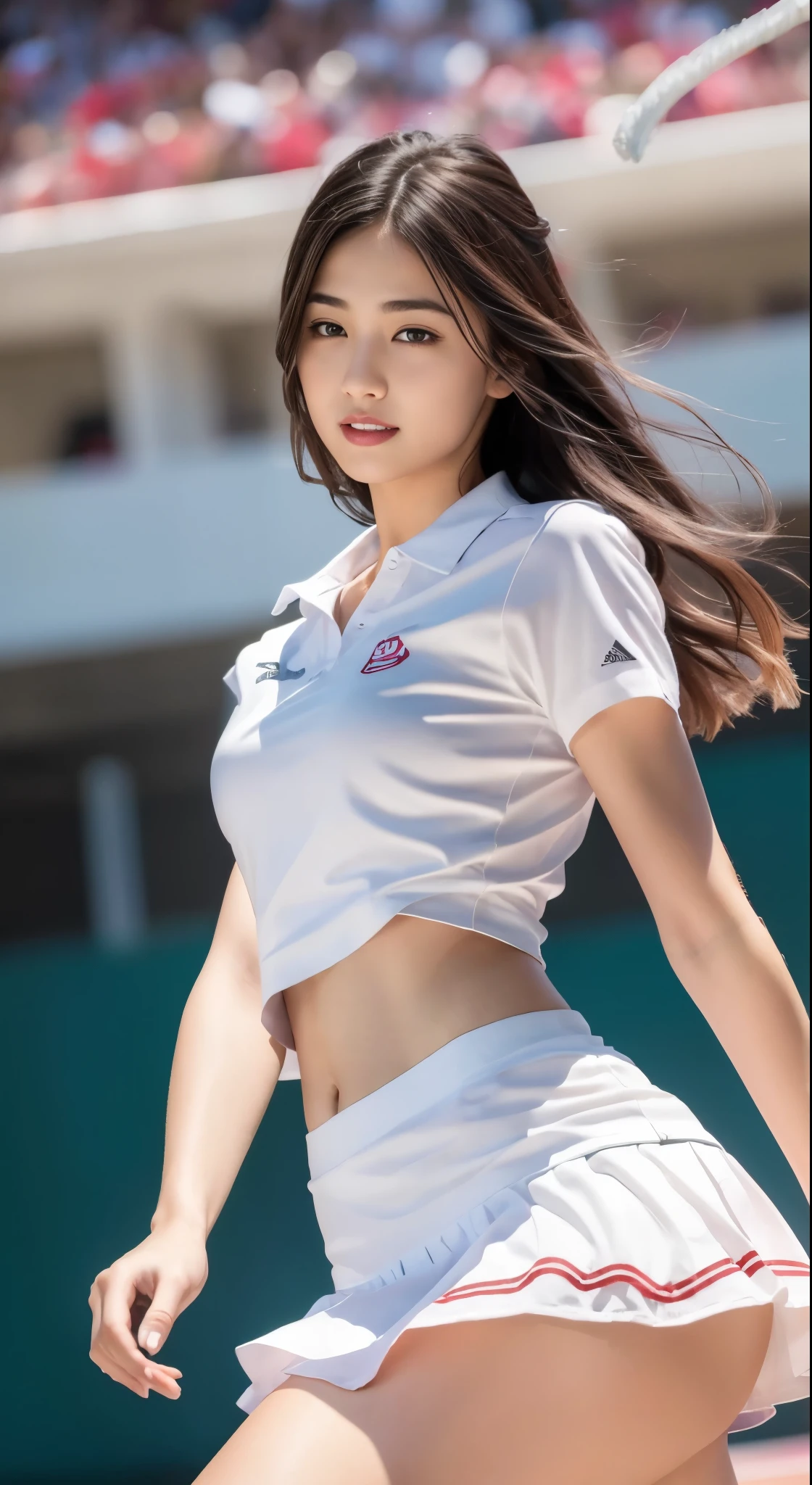 (8K, highest quality, masterpiece: 1.2), (realistic, realistic: 1.37), Super detailed, 1 girl, 18-year-old, White undercoat、、white panties、beautiful panties、big, beauty, cute, smile, alone, tennis wear, mini skirt, White undercoat、beautiful thighs、Beautiful camel toe、Tennis court, racket, tennis ball, (nose redness), (smile: 1.15), (opened mouth), beautiful eyes, (long hair: 1.2), floating hair nova frog style, Upper body