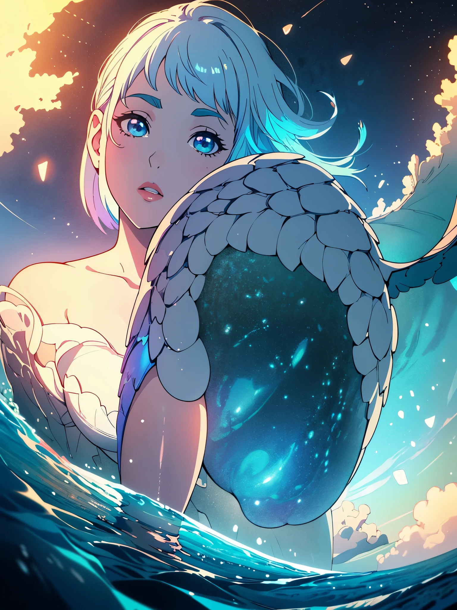 An extremely attractive woman, perfect big eyes, thick lips, white hair, short bob hair, long sideburns, small low-cut breasts, thick fit body, thick ass, full body, short clothes, (((walking on the pure waters of an ocean mythical))), very blue, {extremely detailed 16k CG unit wallpaper}, expansive landscape photography, (a view from below focusing on the character and setting), (wide view of open field), (photo low angle), (high light: 1.3), (low light: 1.5), (warm light source: 1.3), complex details, (iridescent colors: 1.5), (bright lighting), (atmospheric lighting), Dreamy, single,
