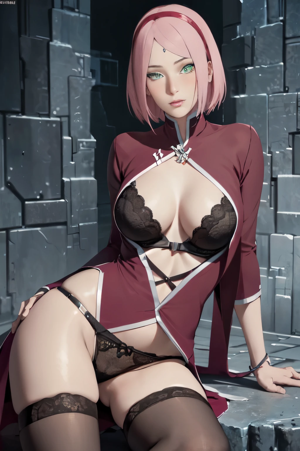 masterpiece, absurdres, sakura\(boruto\), 1girl, solo,mature female, linjerie, gothic style, gothic bra lenjerie, detailed gothic thong lenjerie, gothic detailed, no shirt, open dress, undressing, gothic outfit), perfect composition, detailed lips, breast, beautiful face, body propotion, blush, (pink lips), short hair,  green eyes,  soft gaze,  super realistic, detailed, photoshoot, realistic face and body, thighhighs, full body, erotic pose, provocative pose, waiting sex pose