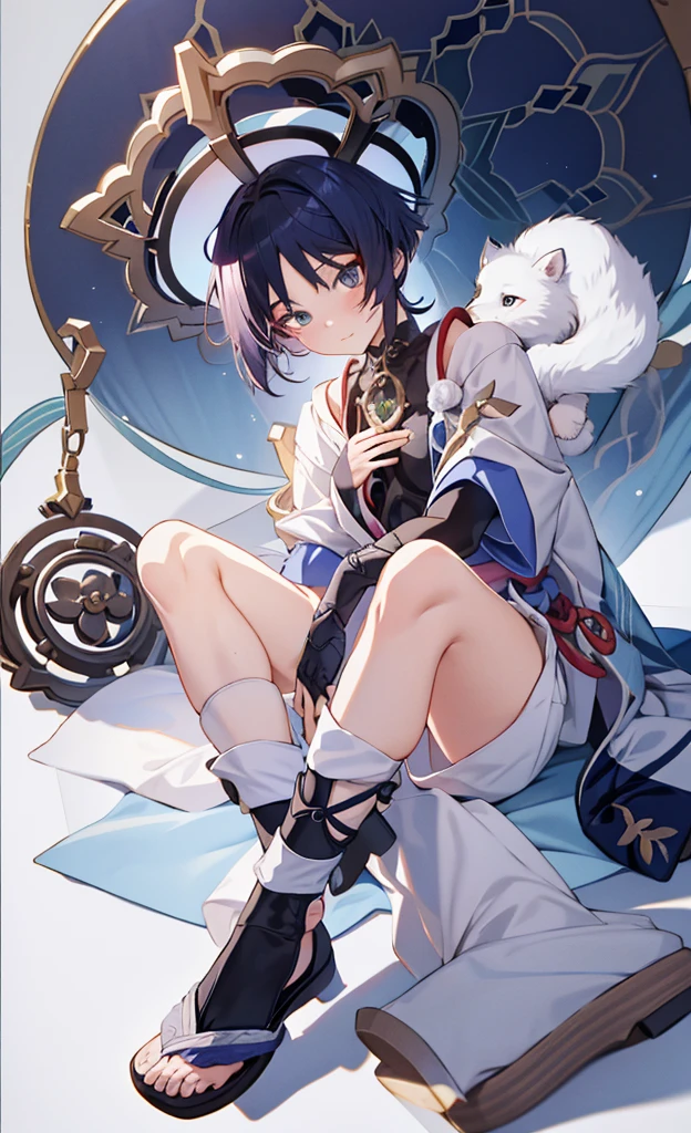 Genshin Wanderer,sitting on a white bed,Wearing cute animal pajamas,Holding a big animal stuffed animal,blush shy,legs together,Pants protrude between legs