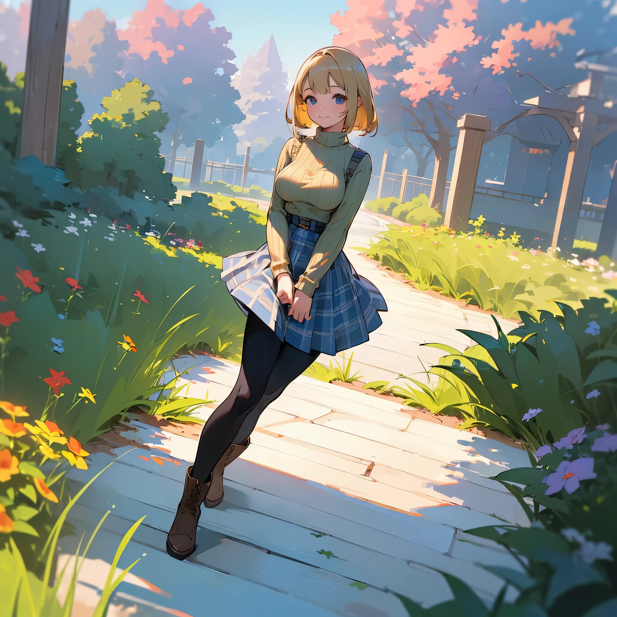 (high quality, high resolution, Super detailed, Reality:1.37), peaceful atmosphere, (outdoor, garden), Teenage girl standing alone, (My breasts are big.), Beautiful detailed features, cute smile, (blonde bob hair), ribbed sweater, blue plaid skirt, Black tights, brown boots.