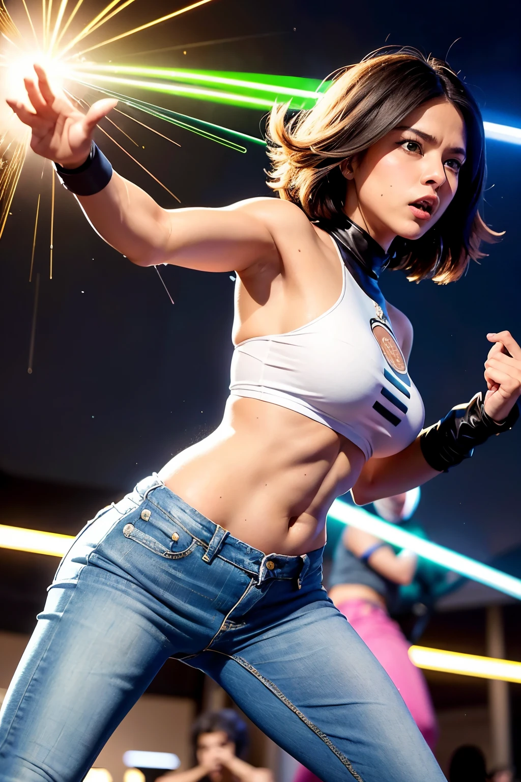 (((1 garota, Bonitinho, Jaqueta jeans, Topo branco, jeans, luvas, loiro, cabelo curto, cabelo bob, cabelo repartido lateralmente, olhos azuis))), (((loiro hair))),
dynamic poses, Manga style, portraying a group of characters in various action scenes, de batalhas intensas a momentos alegres, with dramatic speed lines and bold sound effects, capturing the emotion and energy of the story, Laser beams from the palm, Strike forward with the palm, Parque de Yellowstone, Grande Desfiladeiro,