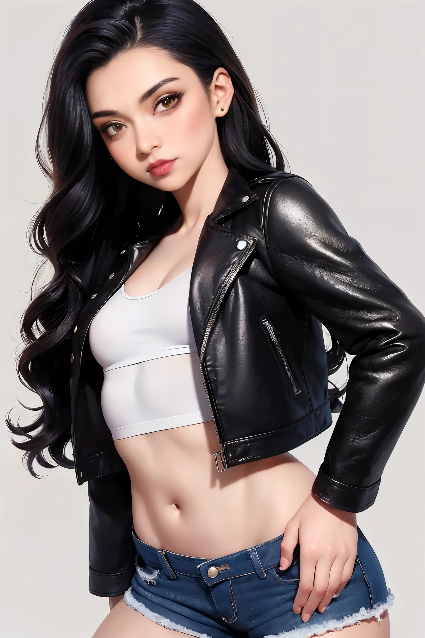 ((Medium chest, Tomboy Meninas, Small head)), luz do dia, luz solar, (sculpted abdomen : 1.1), (corpo perfeito : 1.1), (cabelo curto e ondulado : 1.2) , cabelos ruivos, colarinho, corrente, Tiro de corpo inteiro, rua lotada, vestindo regata preta, jaqueta jeans, ((shorts)), (papel de parede CG 8k extremamente detalhado), (extremamente delicado e lindo), (obra de arte), (melhor qualidade:1.0), (ultra high resolution:1.0),  beautiful lighting ,perfect lightning, sombras realistas, [high resolution], pele detalhada, ultra-detalhado 