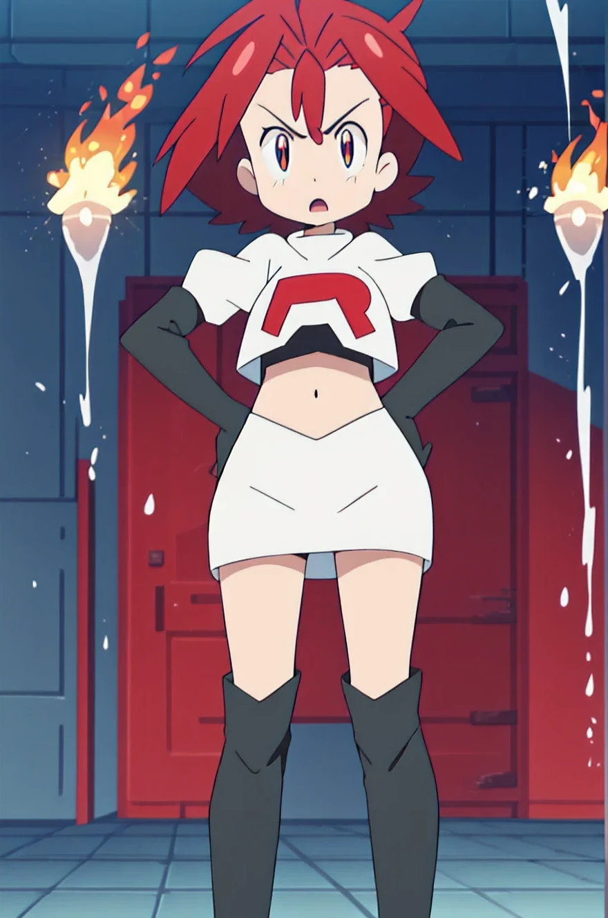 (1girl in:1.2), (Solo:1.2), (masutepiece:0.5), nffsw、Shaders、Brilliant Textured Work、Ultra-detailed eyes、ultra-intricate pupil in eyes、top-quality、Magical Girl Clothes、bright red hair、short hair、 bedhead、deep red eyes、Angry、Open mouth、Red costume、Magical Girl Boots、Very short skirt、((Navel Ejection))、((Shoulder out))、Strapless、Separated sleeves、(black gloves)、fighting poses、Standing Picture、Game CG Wind、(Flame element:1.2)、offensive、masterpiece, best quality, highres,team rocket uniform, red letter r, white skirt, white crop top, black thigh-high boots, black elbow gloves, glaring angrily, looking at viewer, hands on hips, full body seen, zettai ryouiki, trample