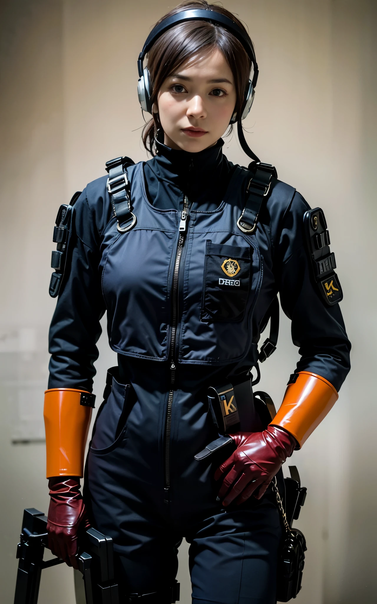 ((Best Quality, 8K, Masterpiece: 1.3)), ((best quality)), photorealistic, photorealism, Photorealistic, high resolution, 1girl aiming with an ak-47 assault rifle, Combat pose, looking at the camera, (Detailed face), short hair, (plump and muscular:0.7), (wearing red rubber suit, tactical vests, military harness, black gloves, high-tech headset), ((cloths color based on black blue)), revealed thigh, Gun, Fingers are occluded, concrete wall background,