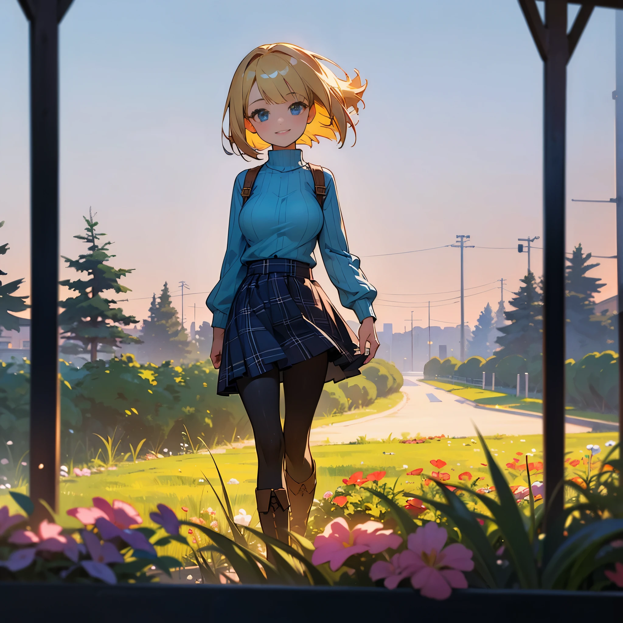 (high quality, high resolution, Super detailed, Reality:1.37), peaceful atmosphere, (outdoor, garden), Teenage girl standing alone, (My breasts are big.), Beautiful detailed features, cute smile, (blonde bob hair), ribbed sweater, blue plaid skirt, Black tights, brown boots.