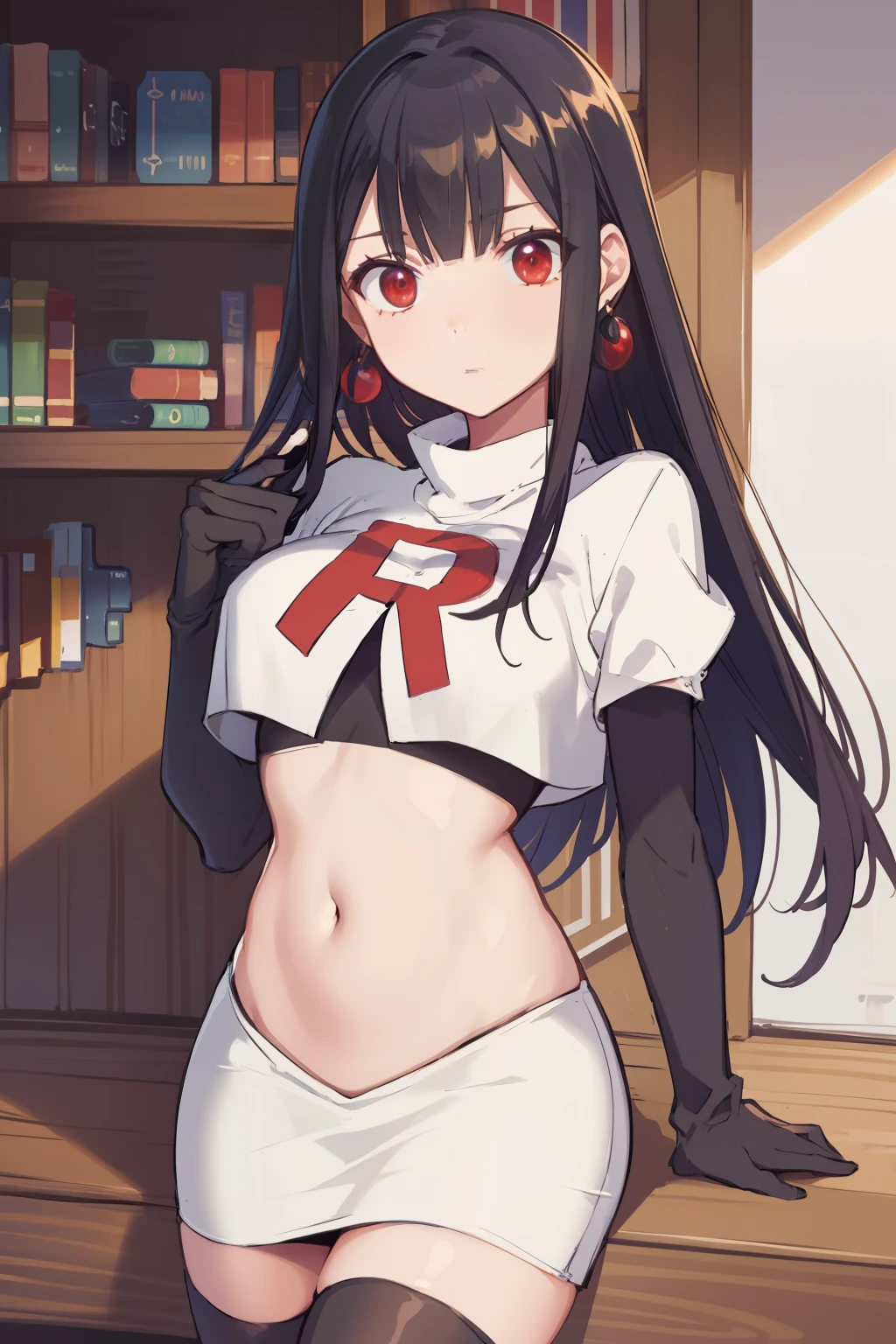 (extremely detailed CG unity 8k wallpaper),(masterpiece),(best quality),(ultra-detailed),(best illustration),(best shadow),(absurdres),1girl,solo,Chihara ,black hair, red eyes, breasts, earrings, navel, jewelry, long hair, team rocket,team rocket uniform,white skirt,red letter R,crop top,black thigh-highs,black elbow gloves