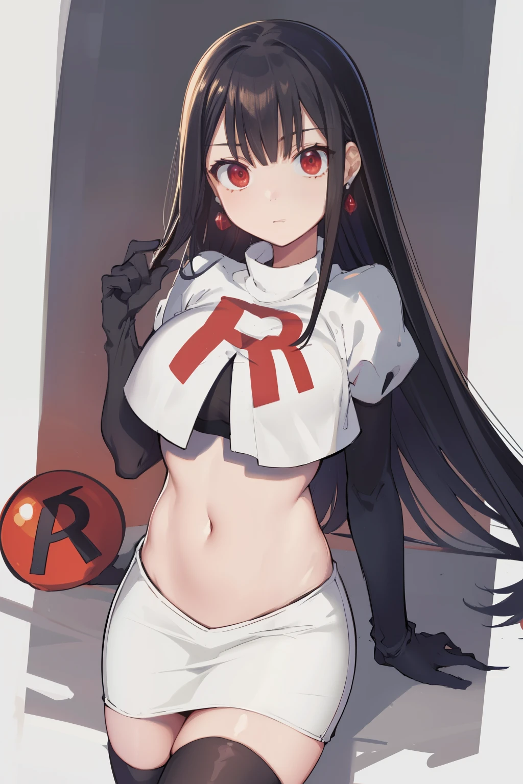 (extremely detailed CG unity 8k wallpaper),(masterpiece),(best quality),(ultra-detailed),(best illustration),(best shadow),(absurdres),1girl,solo,Chihara ,black hair, red eyes, breasts, earrings, navel, jewelry, long hair, team rocket,team rocket uniform,white skirt,red letter R,crop top,black thigh-highs,black elbow gloves