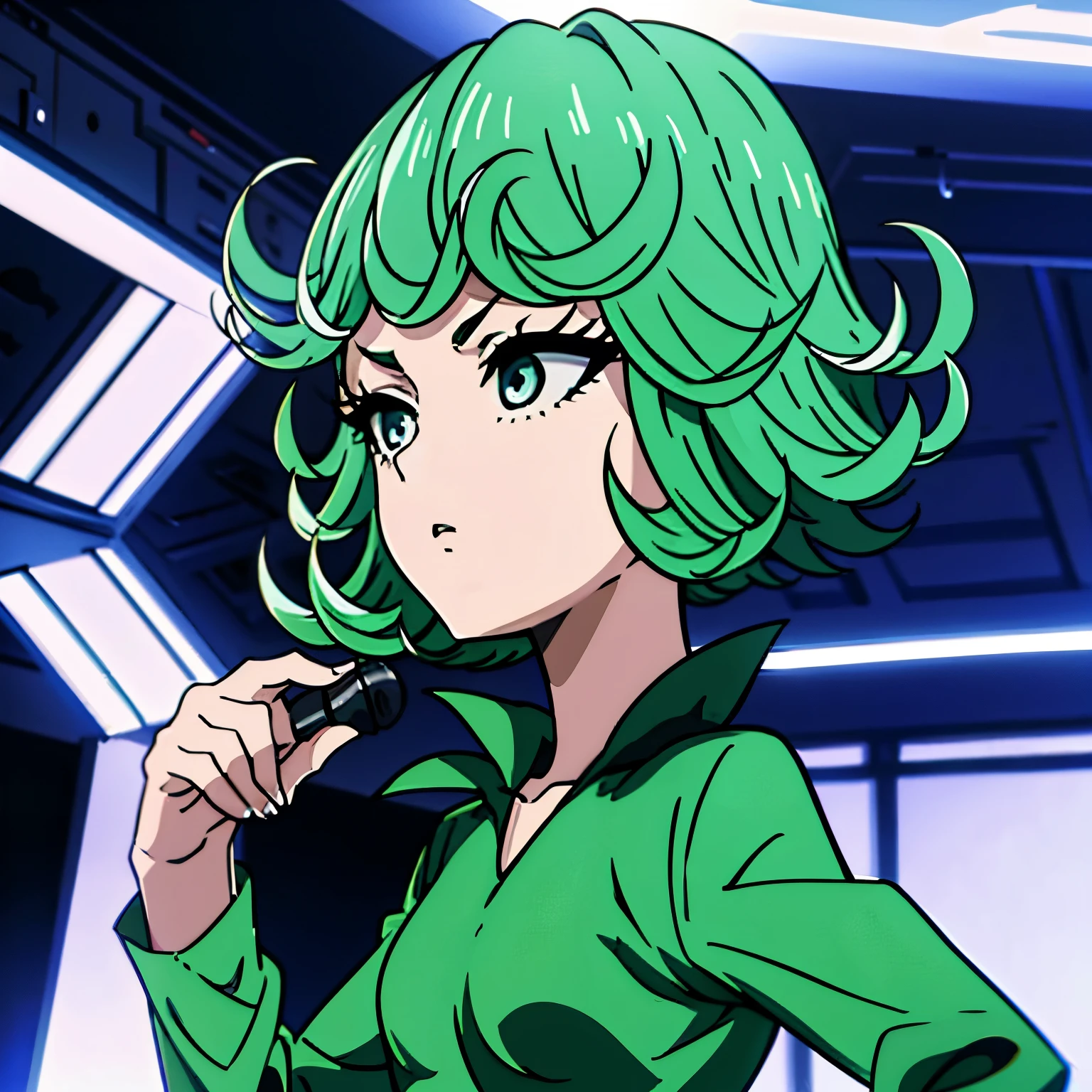 Chica tatsumaki, cantando, microfono en mano, actitud fuerte,seria