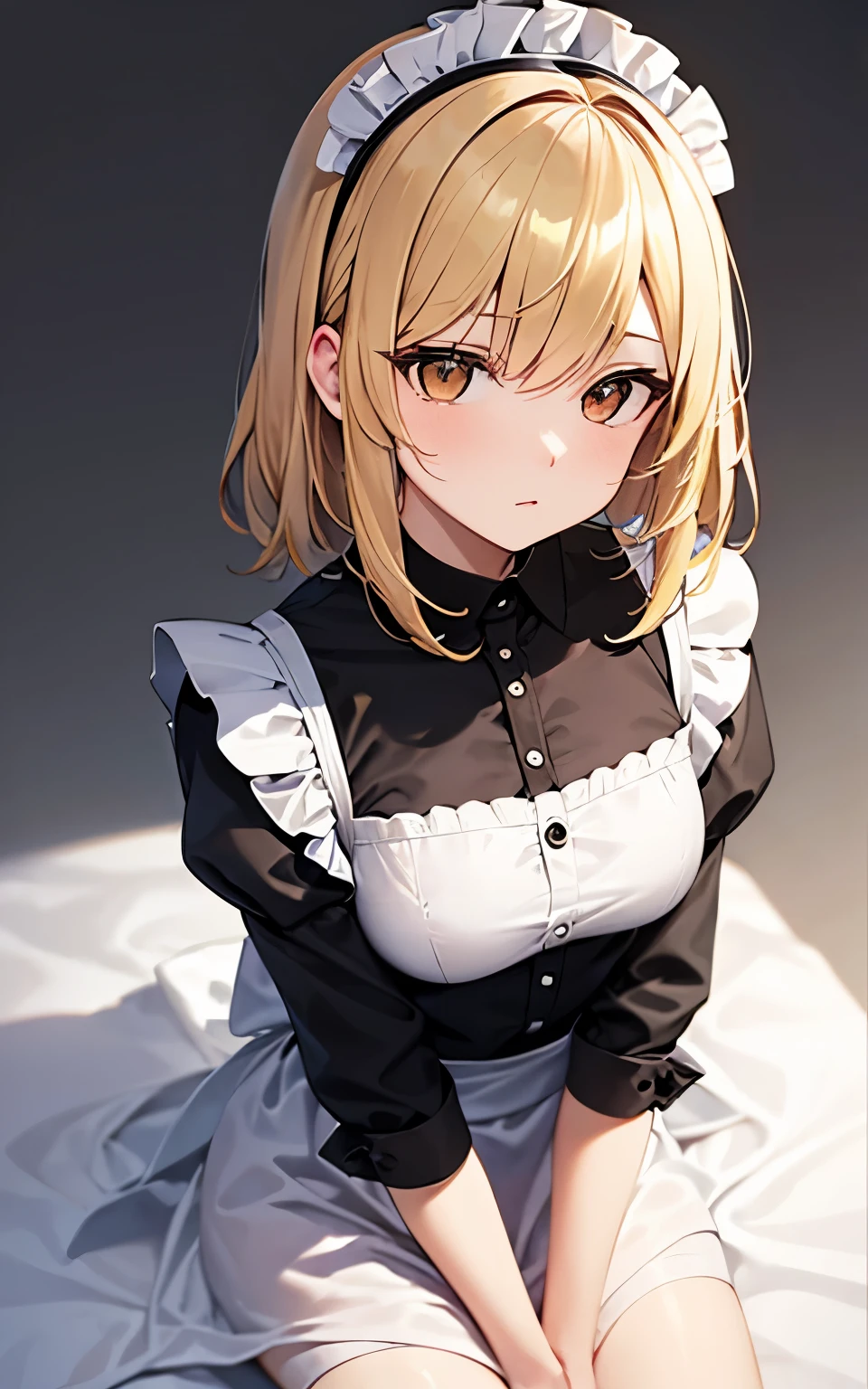 Golden hair、medium hair、brown eyes、Plain gray background、Maid clothes、beautiful girl、a strange look、sitting on a blanket、nsfw、