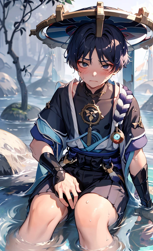 Genshin Wanderer,Genshin Wanderer,blush shy,The whole body is wet,Pick up clothes with hands,Leaking the body between his belly,sitting on bed,His
