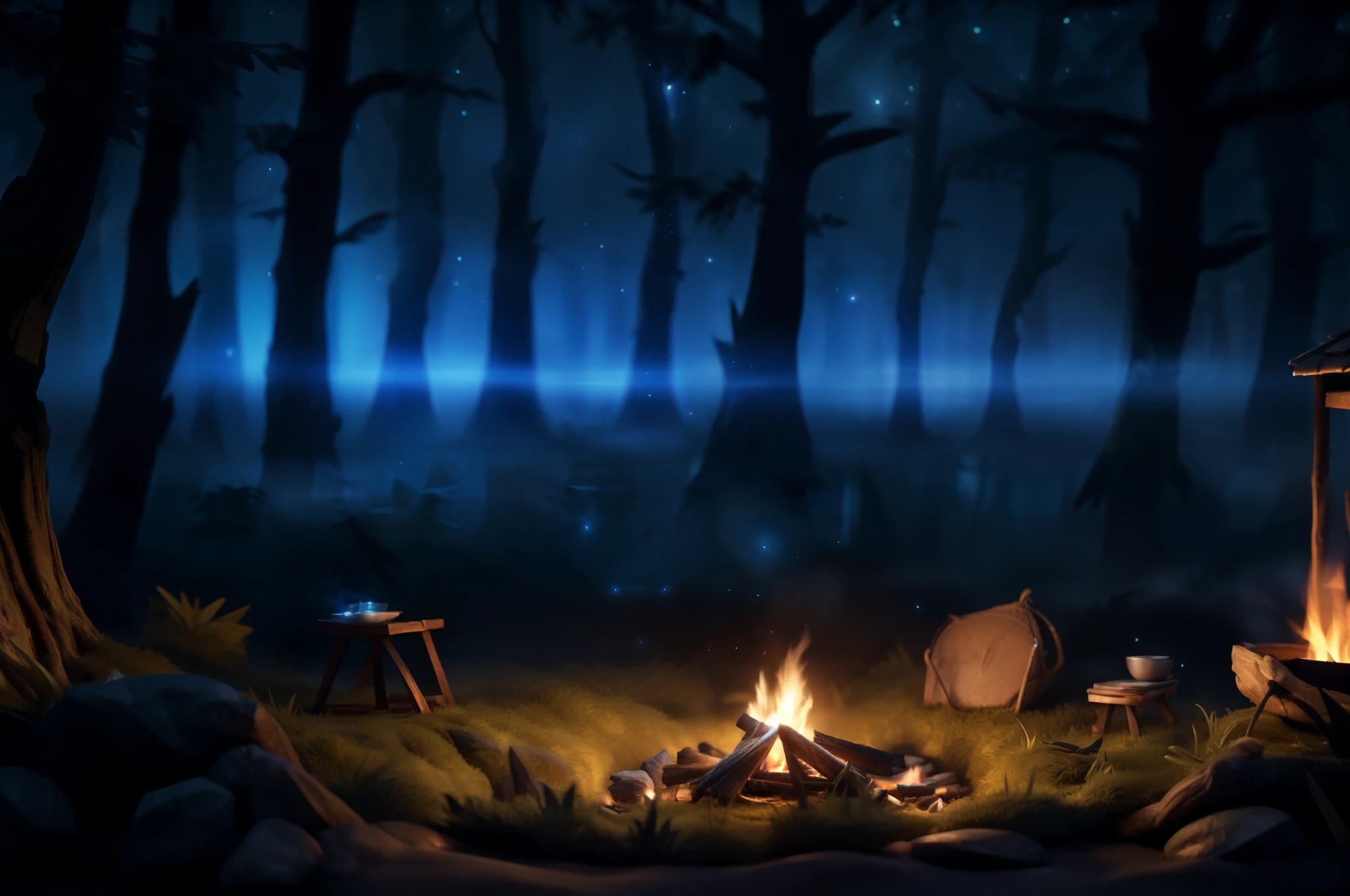 Ori and the Will of the Wisps,
(by Darkgem, by Silverfox5213, by Jiandou, by Foxovh),
(dark forest with campfire, starry, night, glowing plant, fog, mist :1.25), (blue lighting, yellow lighting),
(masterpiece, best quality, ultra realistic, 4k, 2k, (high detail:1.3), film photography,
(3d \(artwork\):1.2), (sharp focus:1.3), (unreal engine:1.3),
RAW photo, photorealistic, analog style, subsurface scattering, photorealism, absurd res)