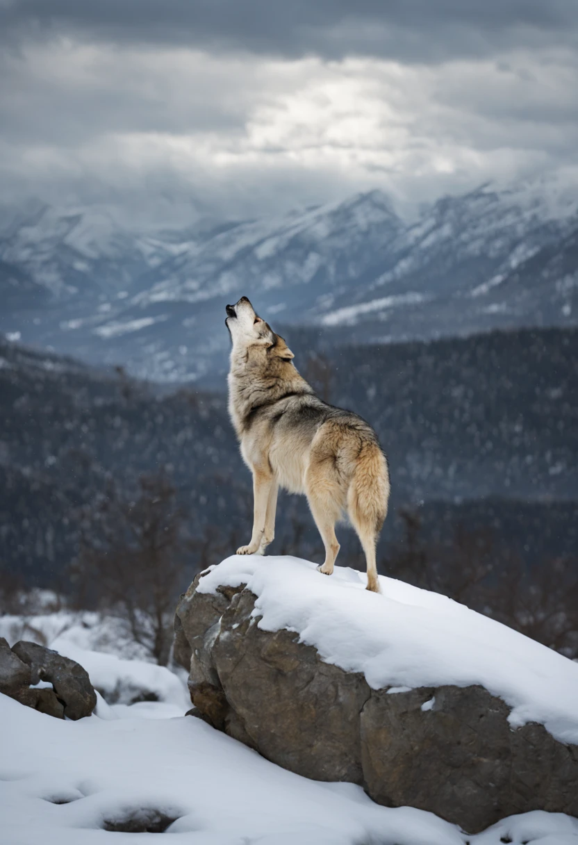 One wolf, on a jutting rock, howling at the sky, winter landscape.