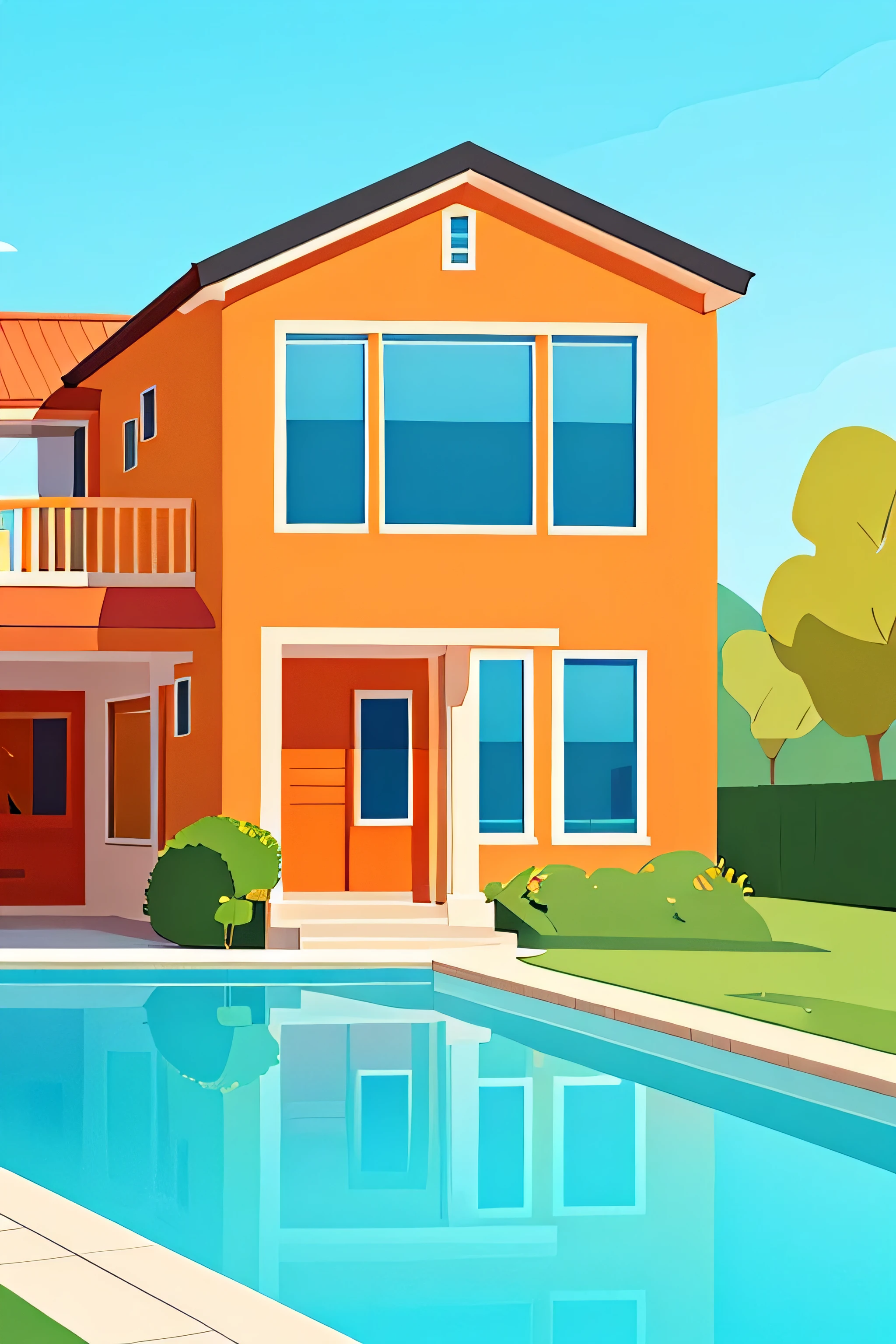Can i have a complete front view house and the theme colour of the house is Orange as a primary colour. The background of it is white.