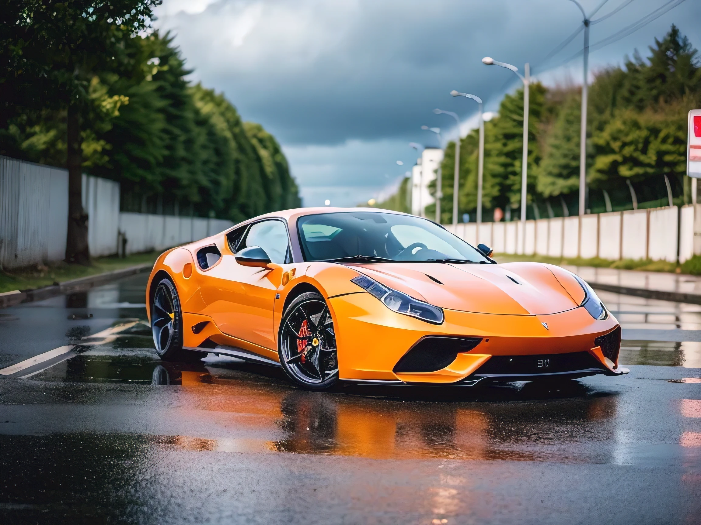 A realistic illustration of a BFerrari Daytona SP3 in Berlin, Germany. Noon time and Rainy weather. Ultra detailed, 8K, HDR, Octane Render, Redshift, Unreal Engine 5. Professionally color graded, atmosphere, amazing depth, rich colors, powerful imagery, psychedelic overtones, 4K, 8K.