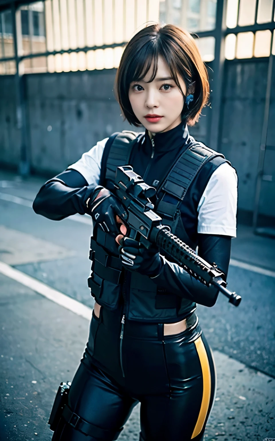 ((Best Quality, 8K, Masterpiece: 1.3)), ((best quality)), photorealistic, photorealism, Photorealistic, high resolution, 1lady aiming with an ak-47 assault rifle, 40 yo, Combat pose, looking at the camera, (Detailed face), short hair, (wearing red rubber suit, tactical vests, military harness, black gloves, high-tech headset), cloths color based on black dark blue), revealed thigh, Gun, Fingers are occluded, concrete wall background,