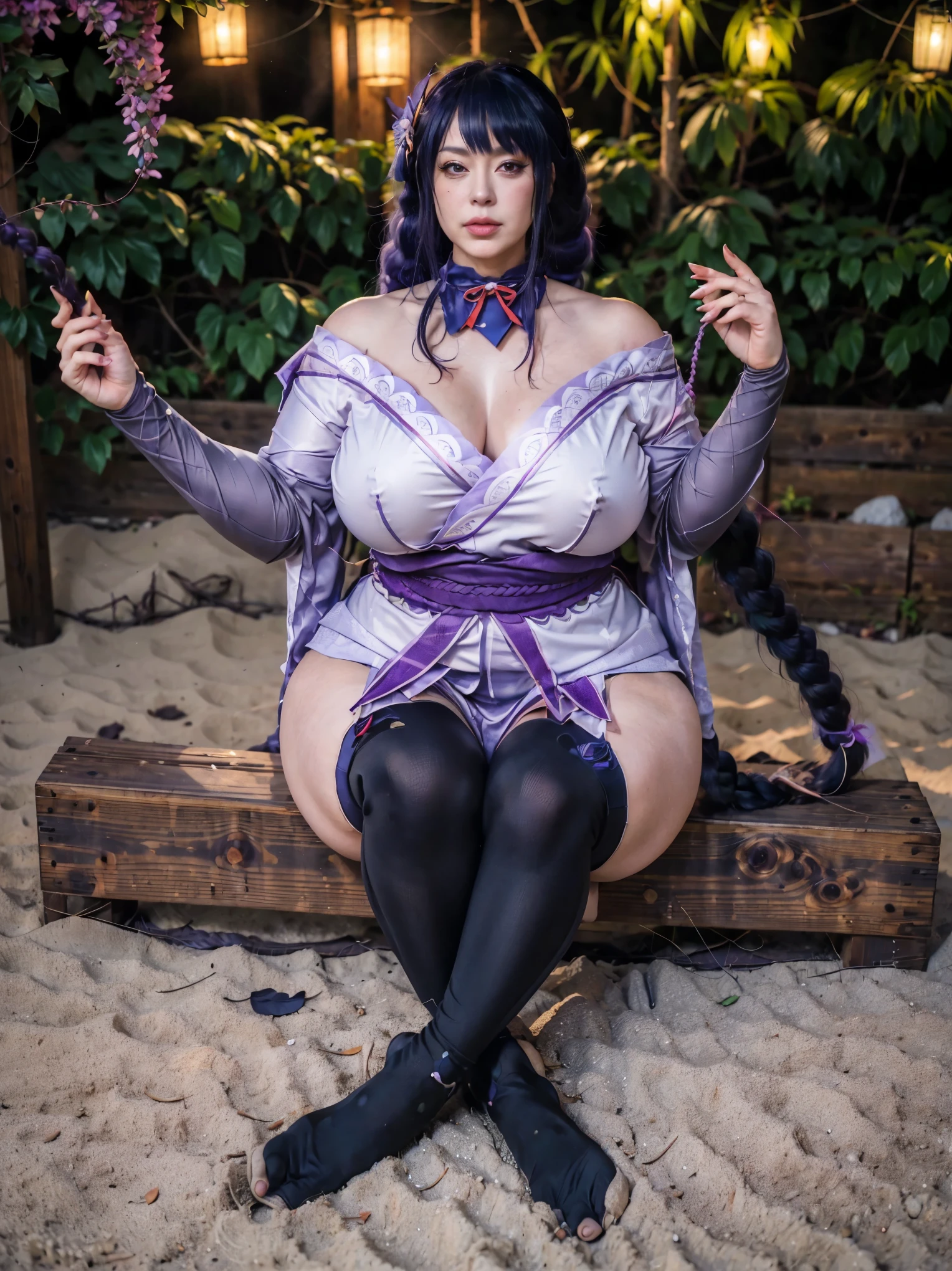 (Real anime age: 42 yo MILF), best quality,masterpiece,8k wallpaper,absurdres, highres, ultra detailed, (1 beautiful milf, solo:1.1),raiden_shogun_in_genshin, cowboy shot, 1girl, (purple very-long loose braided hair), (fleshy thicc body), (I have thicc arms:1.75), breedable hips, (I'm sitting in lotus position:1.25), cool & collected, hair ornaments, cleavage, a lilac-colored kimono top and black lacey underpants, stocking on shoulders, thigh-high raiden's leggings, jewelry on the kimono-sash, full body,outdoors, world of Tevyat from Genshin Impact, hillichurl's camp, grass field, green plants, (natural dynamic pose)